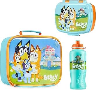 Bluey Lunch Box 3 Piece Set with Insulated Lunch Bag Snack Box BPA Free 430ml Water Bottle - for Preschool Nursery Travel or Day Trips - Kids Lunch Box Set