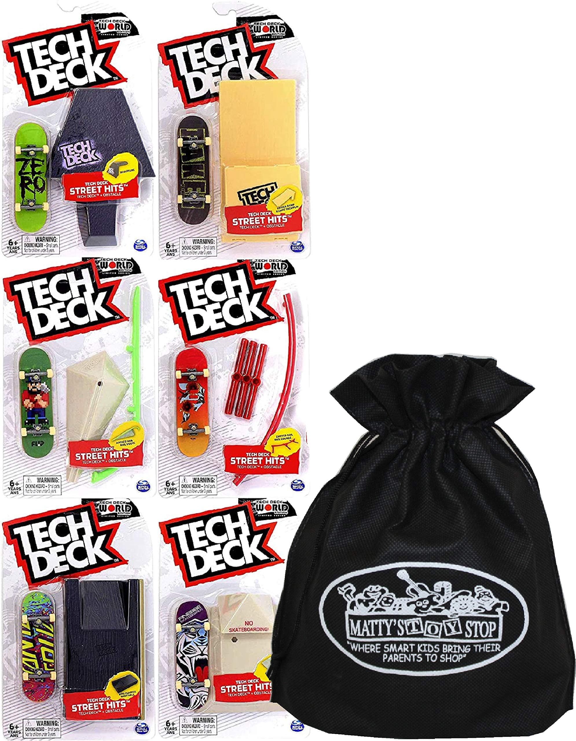 Tech Deck 96mm Fingerboards Street Hits (Obstacles) Complete Gift Set Bundle with Bonus Matty's Toy Stop Storage Bag - 6 Pack (Fingerboards Will Vary)