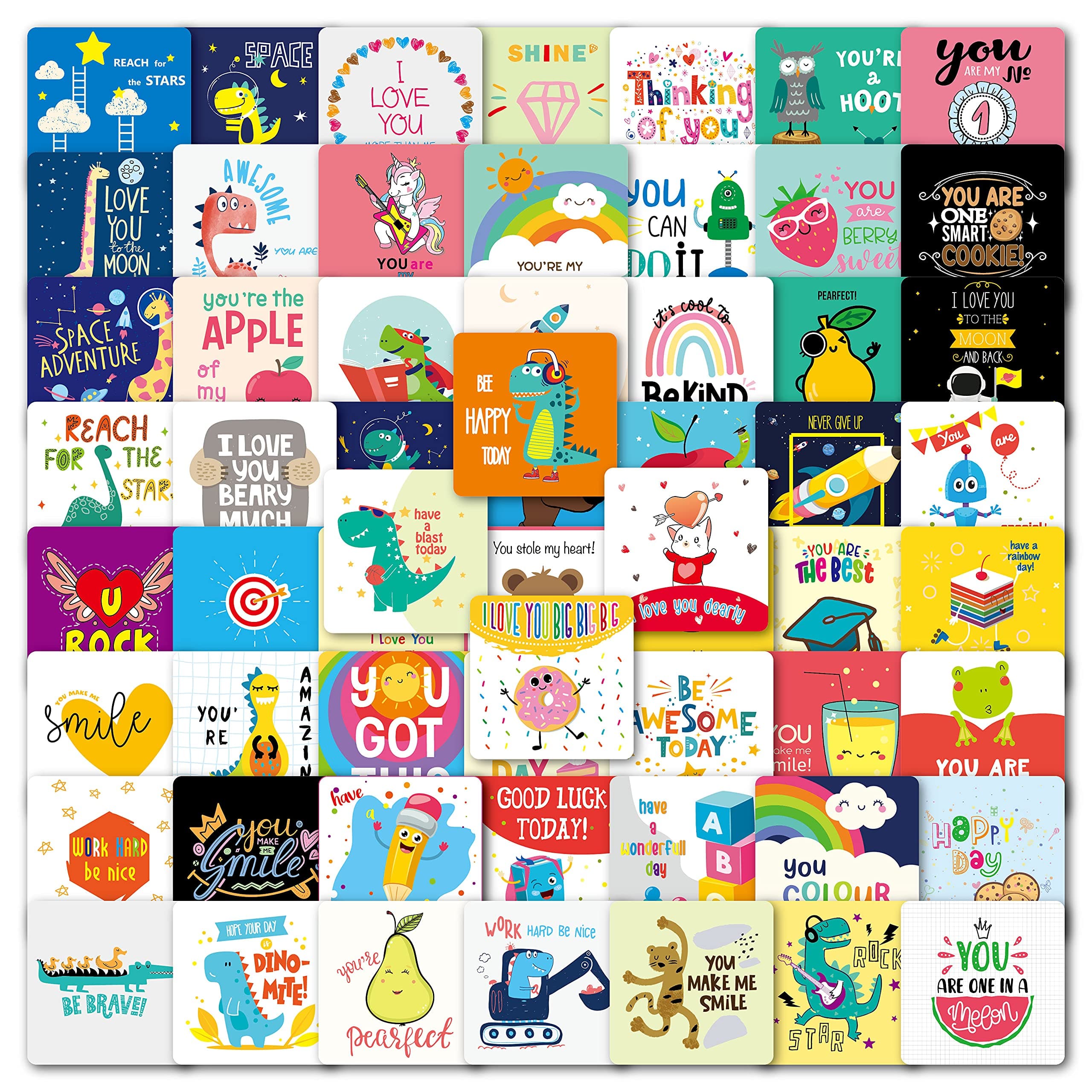 Lunch Box Notes for Kids, 60 Cute Design Positive Affirmation Lunch Box Cards for Kindergarten Kids - Inspirational & Motivational Love Notes for Lunchbox for Boys Girls(With Blank Space)