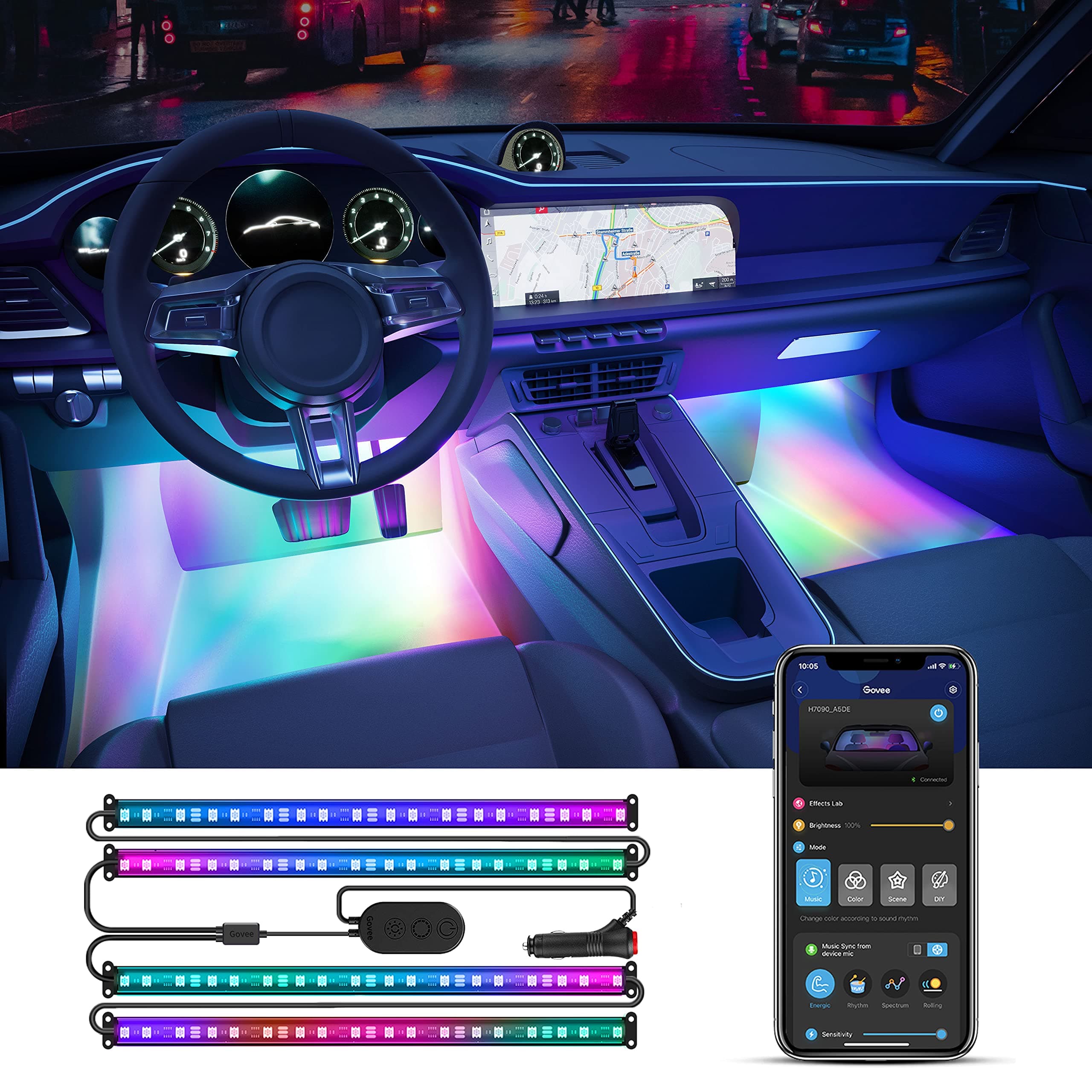 Car LED Strip Lights, Smart RGBIC Interior Car Lights with APP Control, 4 Music Modes and 16 Million Colors, 2 Lines Design LED Lights for Car Decor, DC 12V