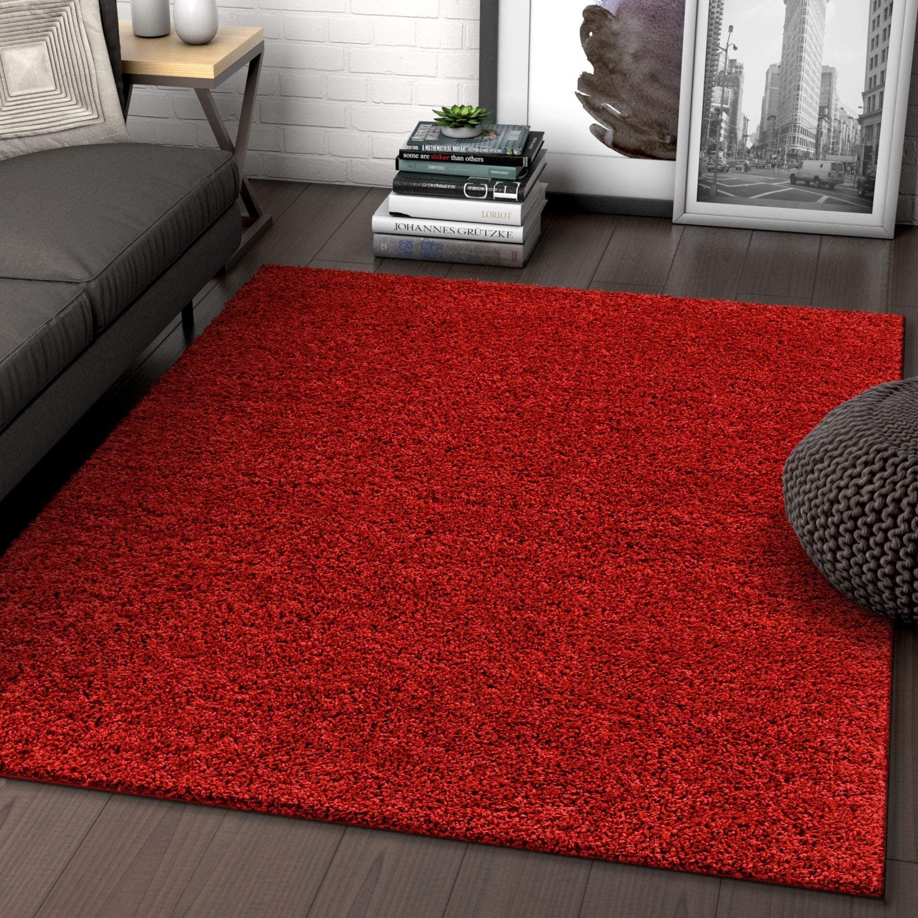 Solid Retro Modern Red Shag 3X5 (3'3'' X 5'3'') Area Rug Plain Plush Easy Care Thick Soft Plush Living Room Kids Bedroom