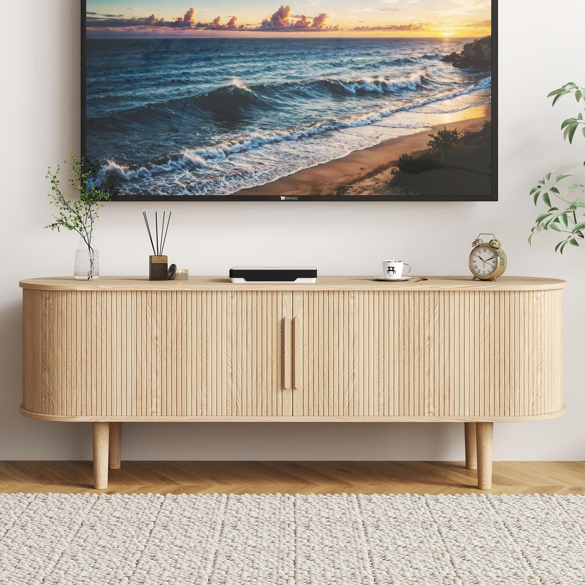 TV Stand, Modern TV Console Table with Storage Compartment and Sliding Door, Gaming Entertainment Center with Cabinet for Living Room, Bedroom, Office (Natural)