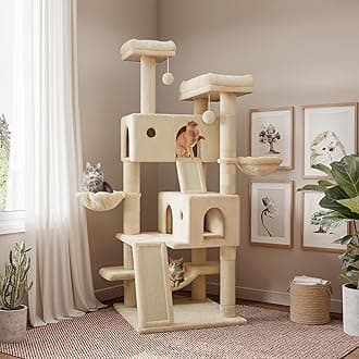SHA CERLIN 65in Larger Cat Tree Tower Condo for Indoor Cats, Multi-Level Furniture Activity Center with Wide Base/Cozy Plush Cat Perches/Baskets/Sisal Scratching Posts and Hammock/Beige