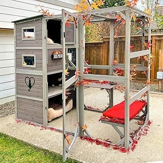 Akinerri Outdoor Cat House Catio 4 Tiers Cat Enclosures 177.8cm H 195.6cm L Large Cat Cage for Outdoor Indoor Cats Weatherproof Roof 3 Resting Rooms 3 Platforms 5 Windows, ‎grey