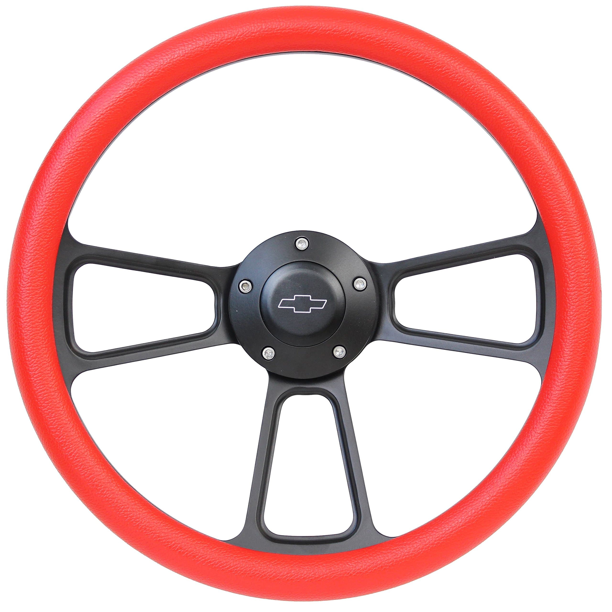 Forever Sharp 5-bolt Black Steering Wheel 14 Inch Aluminum with Red Vinyl Wrap and Chevy Horn Button
