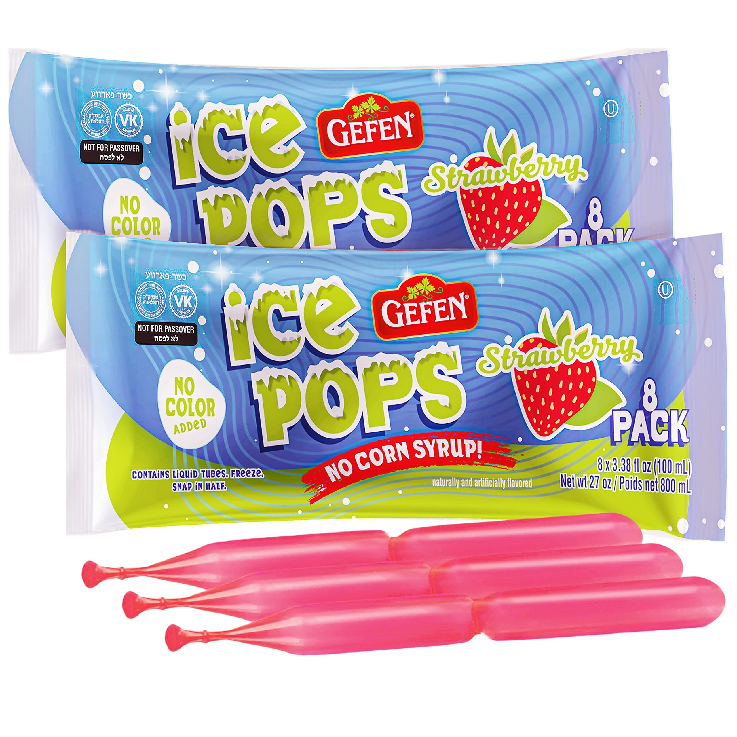 Gefen Clear Strawberry Break-in- Half Ice Pops (2 Pack = 16 Ice Pops) No Corn Syrup | No Colors | Perfect for Summer!