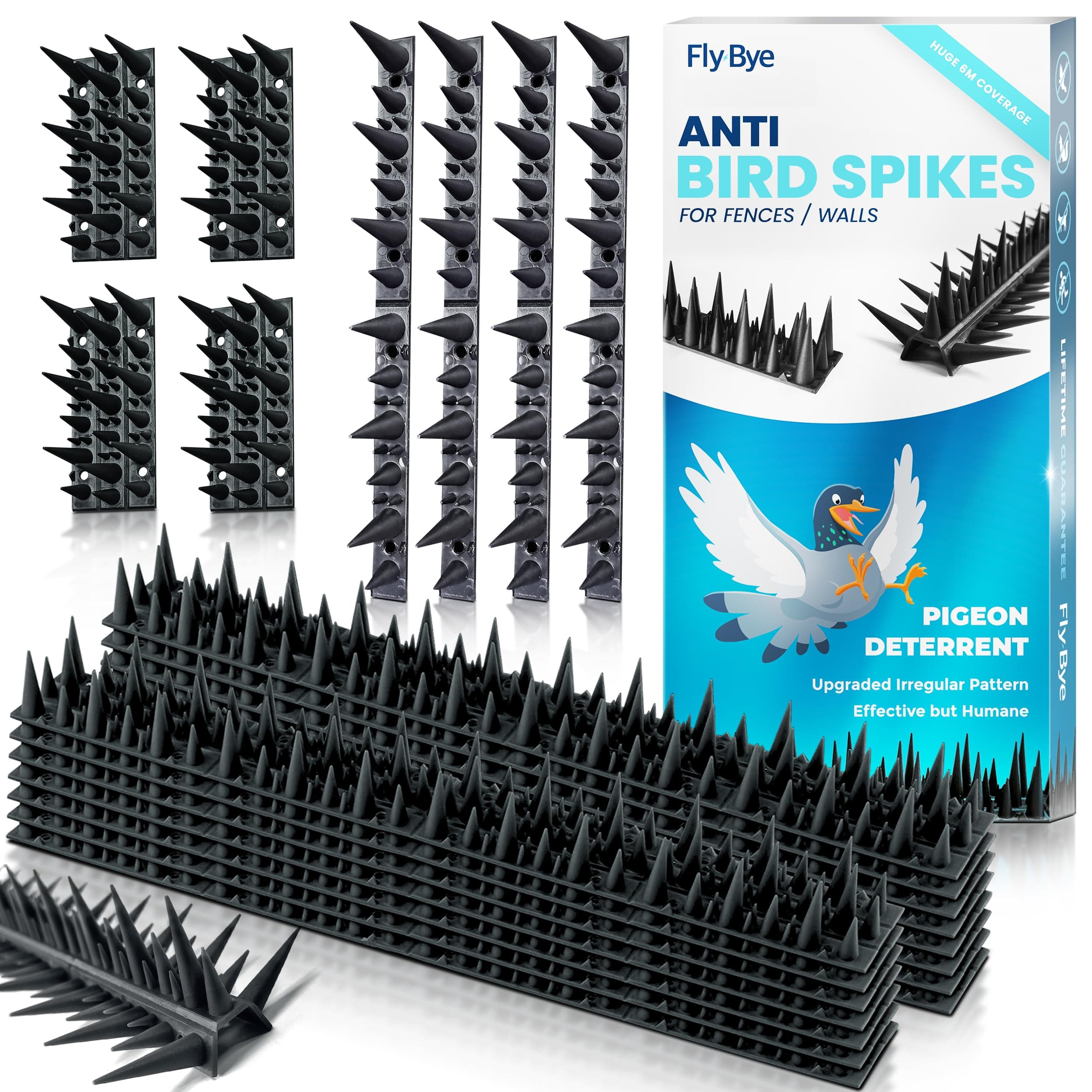 Fly-ByeAnti Bird Spikes - Huge 6m Coverage with 1300 Spikes - Pigeon Deterrent - Wall & Fence Spikes for Cats & Birds - Anti Pigeon Spikes - Upgraded Irregular Pattern Bird Spikes for Pigeons