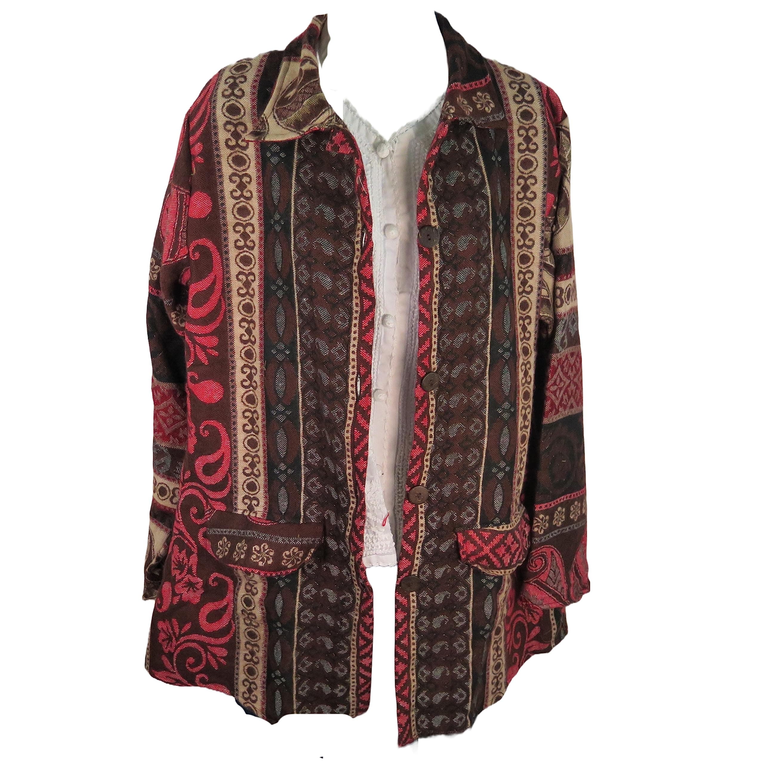 TDbN Jacket | 4 Button | Collar | Paisley Design | Boho | 60s | Designer | Full Sleeve | Handloomed Yak+Sheep Wool Blend | Red Wine & Red| M > L