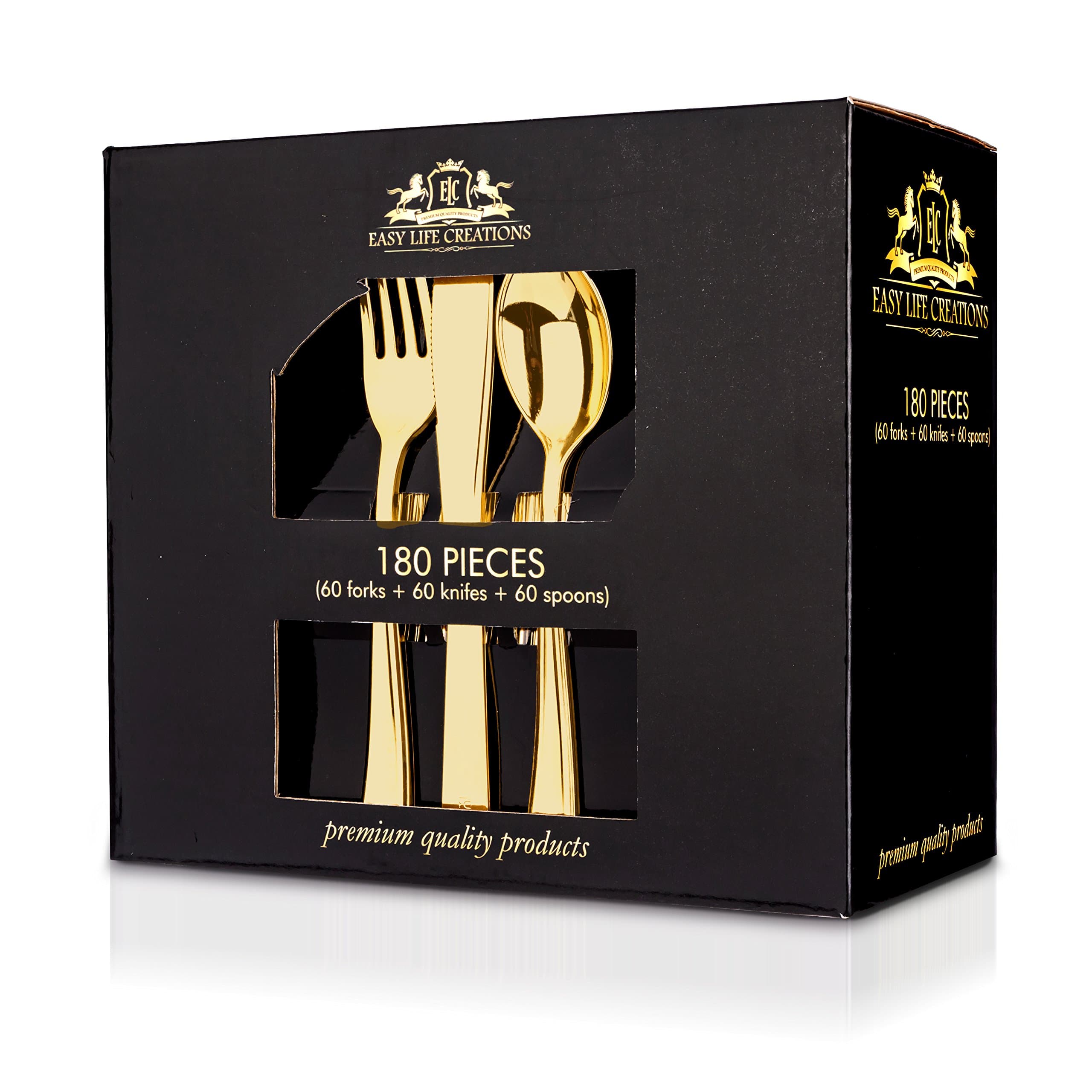 180 Pieces Gold Disposable Plastic Flatware Utensils Set: Easy Life Creations Fork, Spoon and Knife Home Kitchen Cutlery Silverware - Modern Dinner and Party Kitchenware Forks, Spoons and Knives