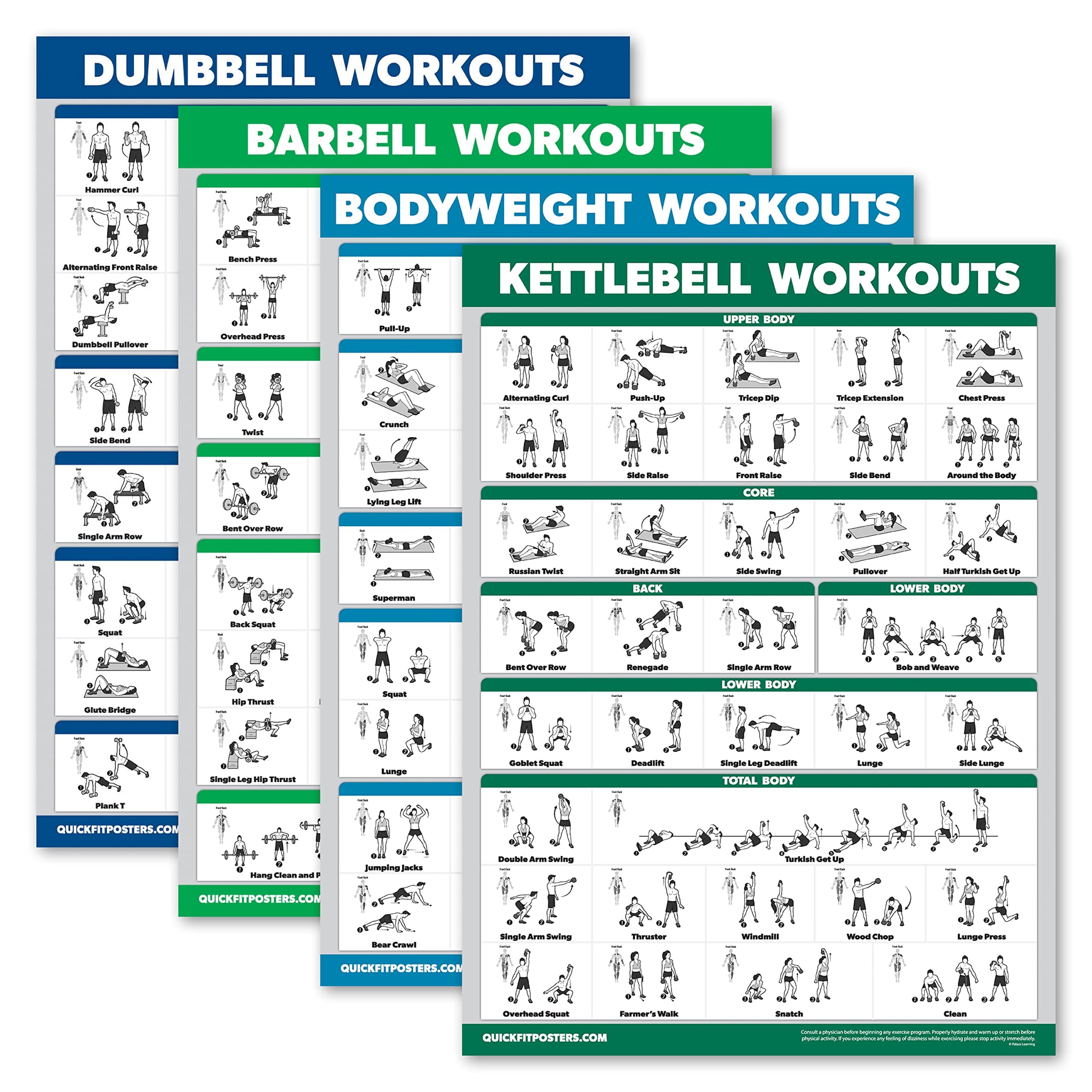 4 Pack - Dumbbell Workouts + Barbell Workouts + Bodyweight Workouts + Kettlebell - Set of 4 Workout Charts