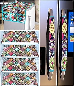 Heavy Quality Jute Refrigerator Cover 1Pc Fridge Cover for Top with 6 Utility Pockets + 2 Handle Covers + 4 Fridge Mats