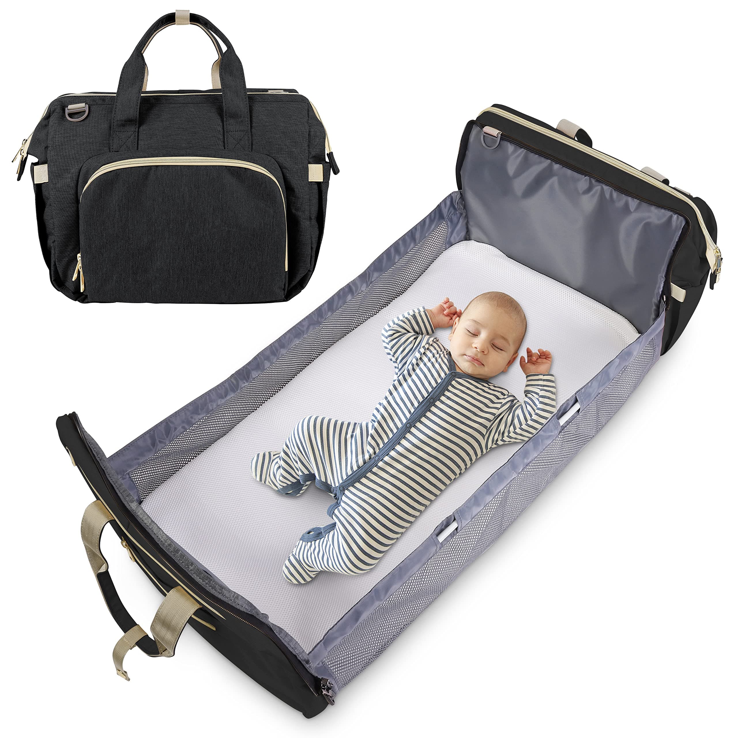 Diaper Bag Backpack Waterproof with Folding Crib, Taykoo Large Multi-Functional Travel Mommy Bag with Stroller Straps & Insulated Pocket & Diapers Changing Cushion (Large Crib Black)