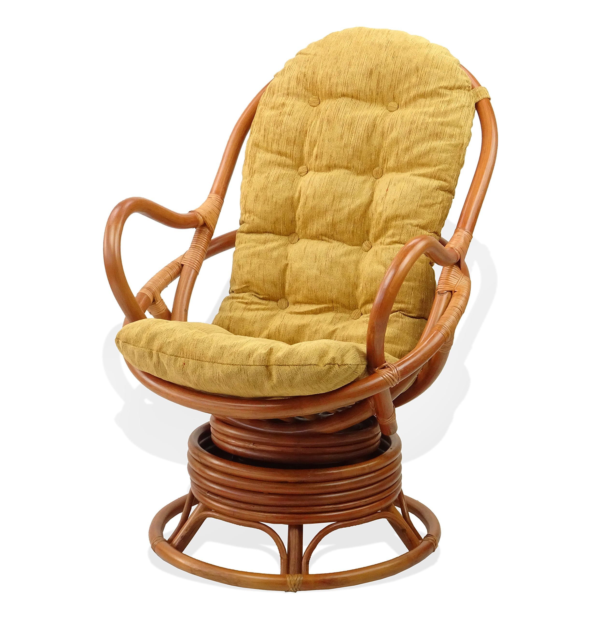 Lounge Swivel Rocking Java Chair Natural Rattan Wicker with Light Brown Cushion, Cognac