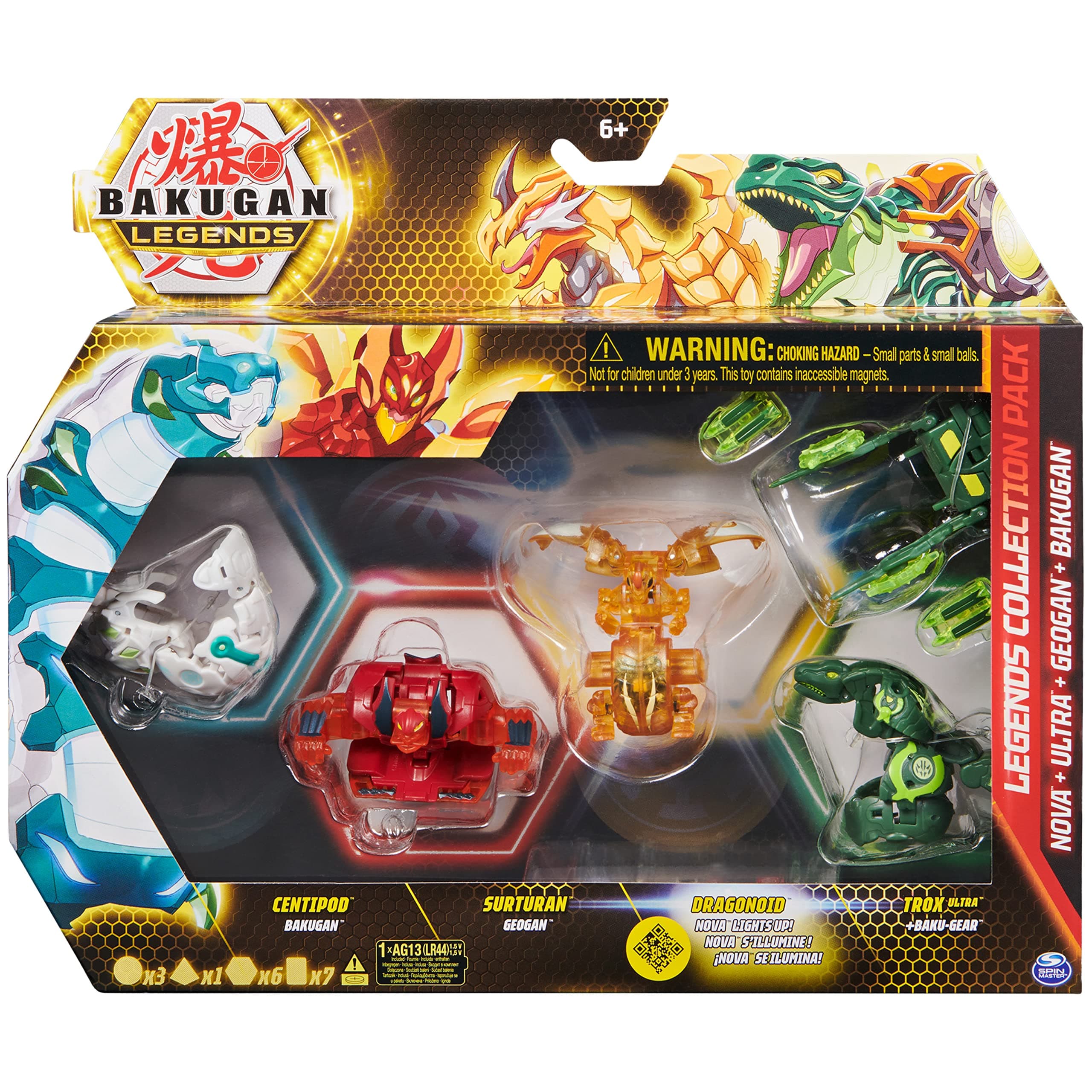 BAKUGAN Legends Collection Pack, 4-Pack featuring Centipod, Surturan Geogan, Dragonoid Nova, Trox Ultra and 6 BakuCores, Kids’ Toys for Ages 6 and Up
