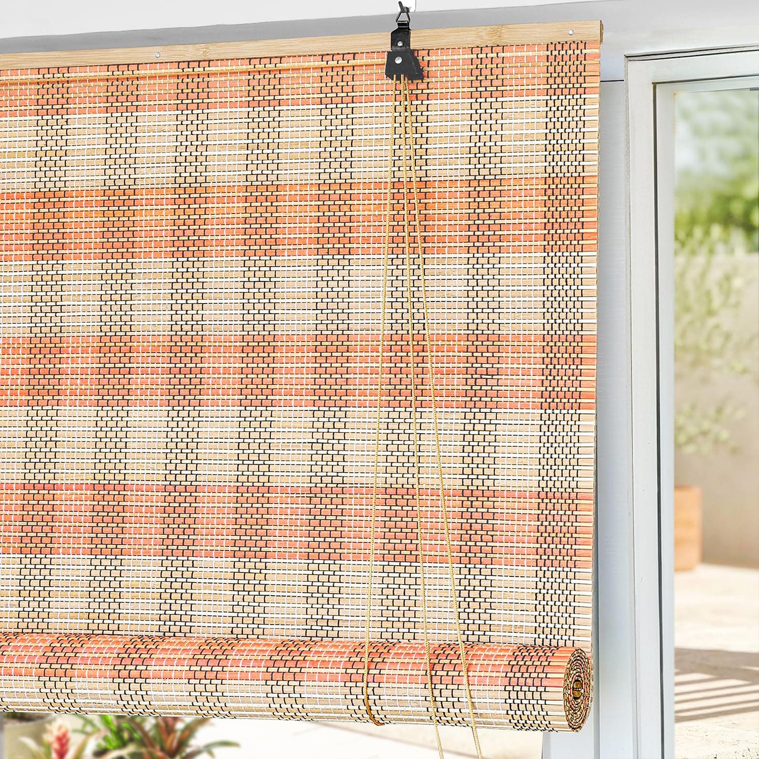 ABOUT SPACE Bamboo Curtains - W 3 ft x H 6 ft - Rope Mechanism Roll Up Down Bamboo Shade for Sunlight, Dust Protection Window Chick Blinds for Balcony, Restaurant, Hotel, Dhaba, Resort - Peach