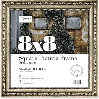 Almost Frameless 8x8 Champaign Ornate Picture Frame 8"x8" (20.3x20.3cm) Poster, Photo, Artwork, or Print. Antique Style Portrait and Landscape Display with Wall Hooks