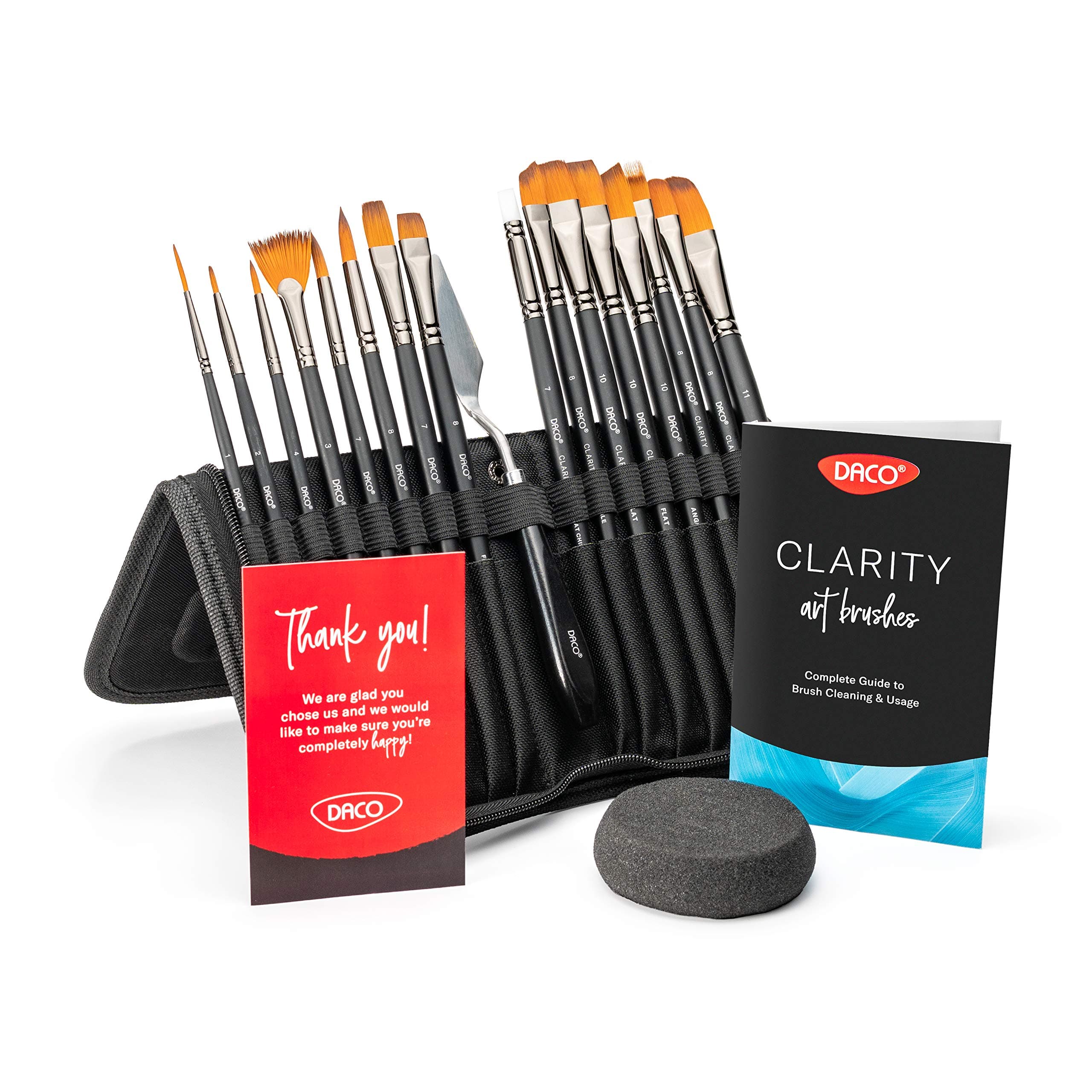 DACO 16 Pieces Paint Brush Set, Intermediate Series, Includes Pop-Up Carrying Case with Palette Knife and Sponge, for Acrylic, Oil, Watercolor, and Gouache Painting