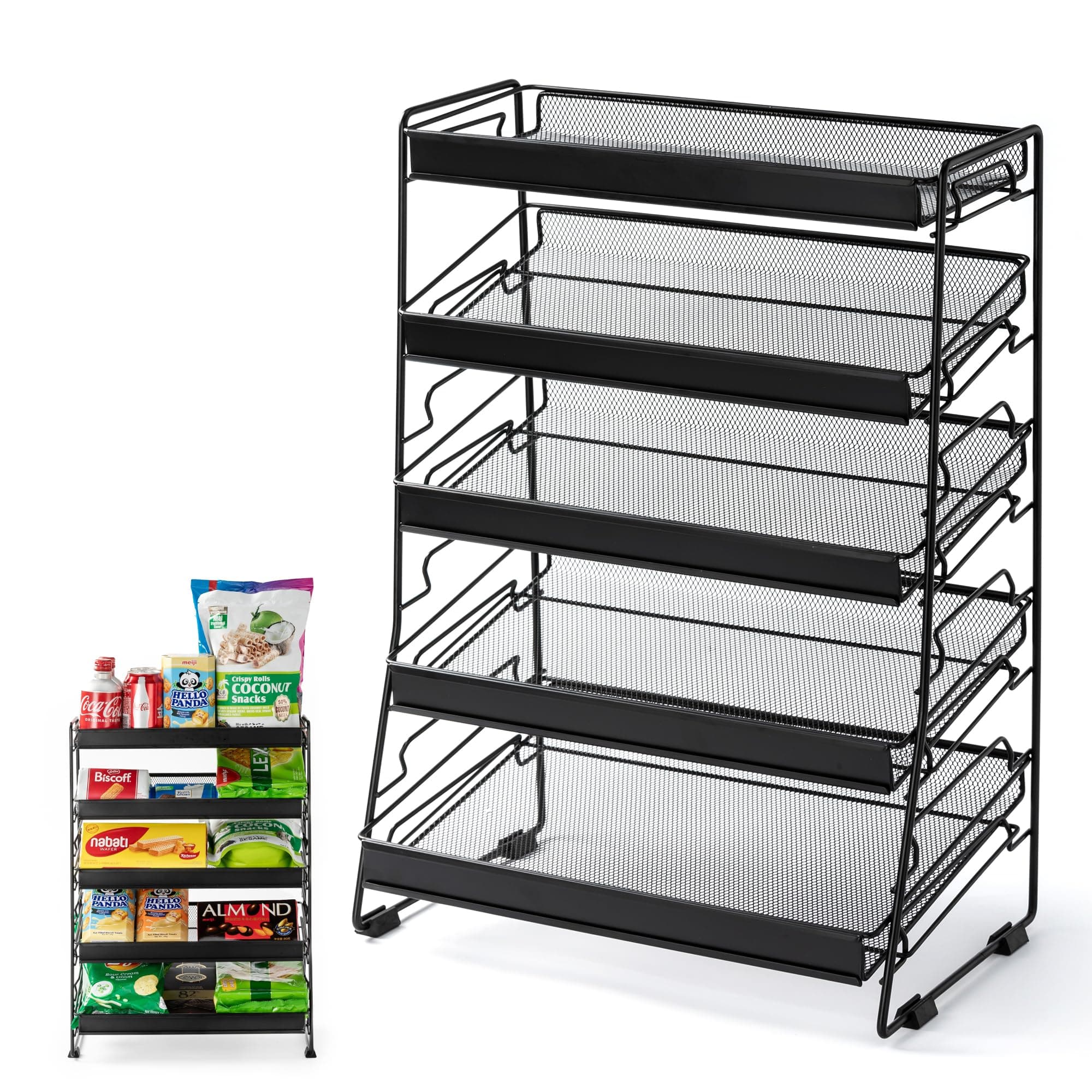 5 Tier Snack Organizer Candy Display Rack for Countertop, Snack Display for Counter Portable Chip Rack Black Metal Snack Shelf for Retail Stores Kitchen Office