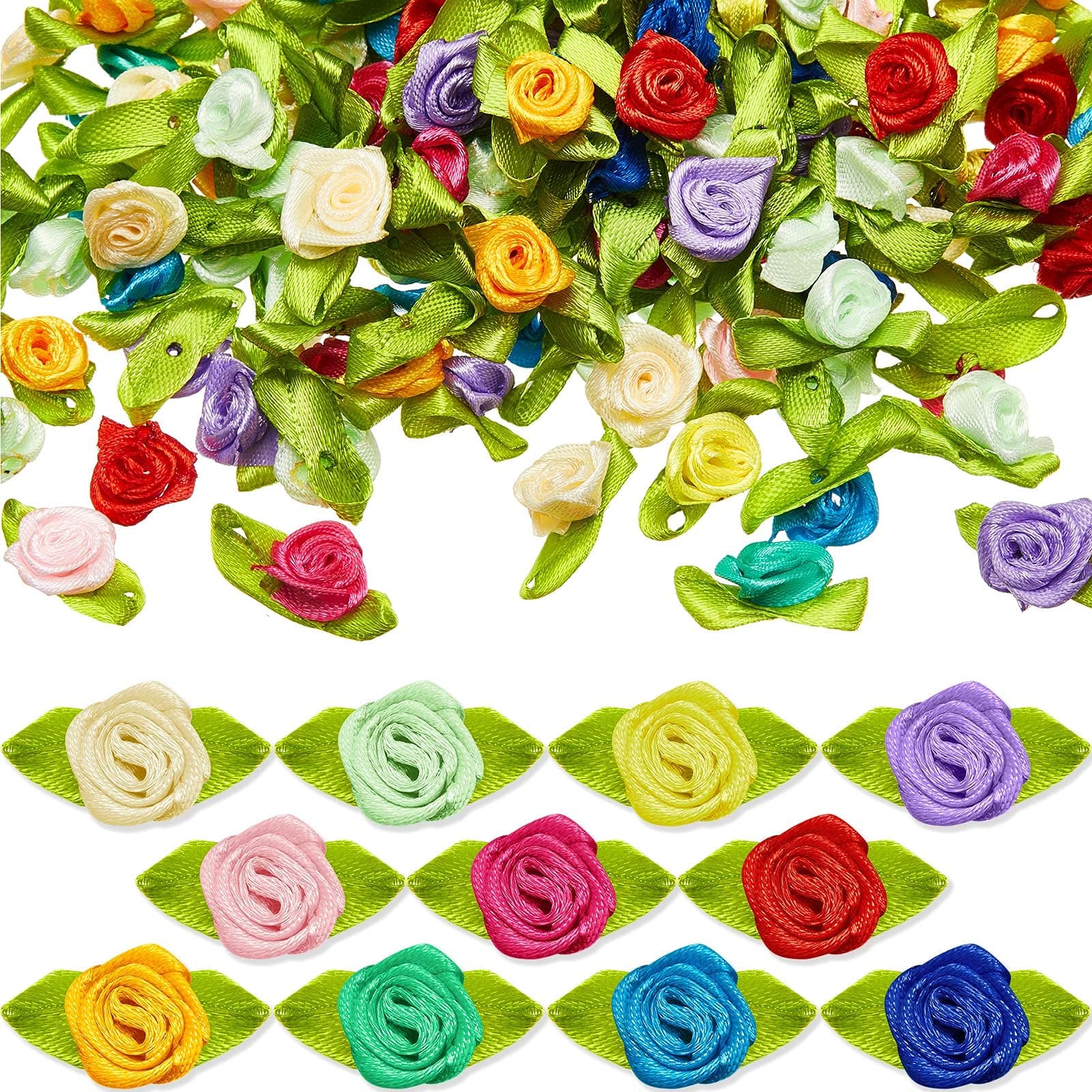 WILLBOND 300 Pcs Mini Ribbon Roses for Crafts Multicolor Artificial Fabric Flowers with Green Leaves Mini Ribbon Flower Tiny Satin Rosettes for DIY Crafting Sewing Wrapping Wedding Festival Decoration