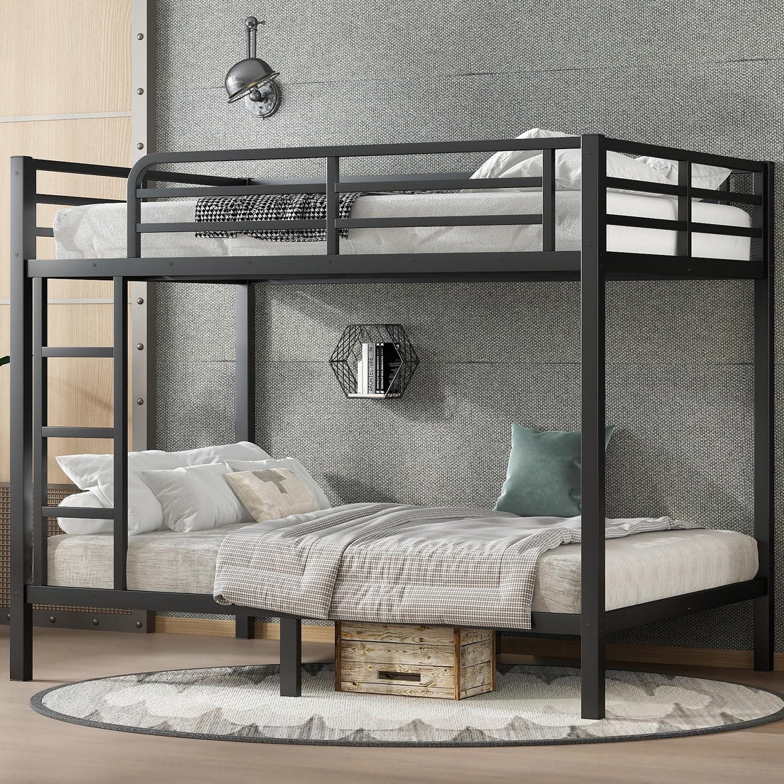 Full Over Full Bunk Bed,Heavy Duty Metal Bunk Bed Frame for Adults,2 Side Ladder,Guardrail,Space-Saving,Noise Reduced,No Box Spring Needed,Black (Full Over Full)