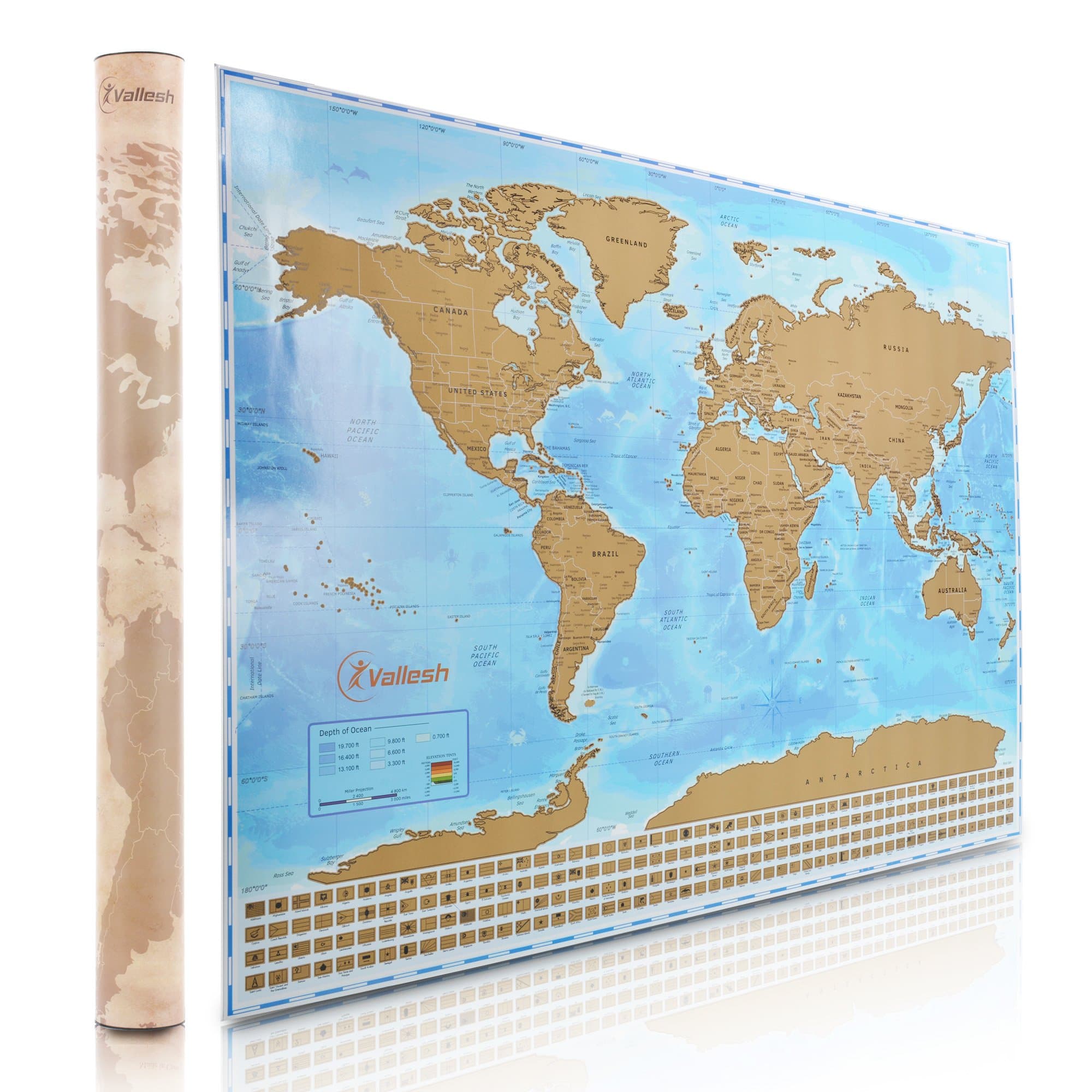 Vallesh - Scratch Off World Map Poster with Scratcher - Shows US States & Country Flags - Large, Detailed, Educational - Wall Art, Decor - Great for Kids, Family and Friends - Adventure and Travel Map