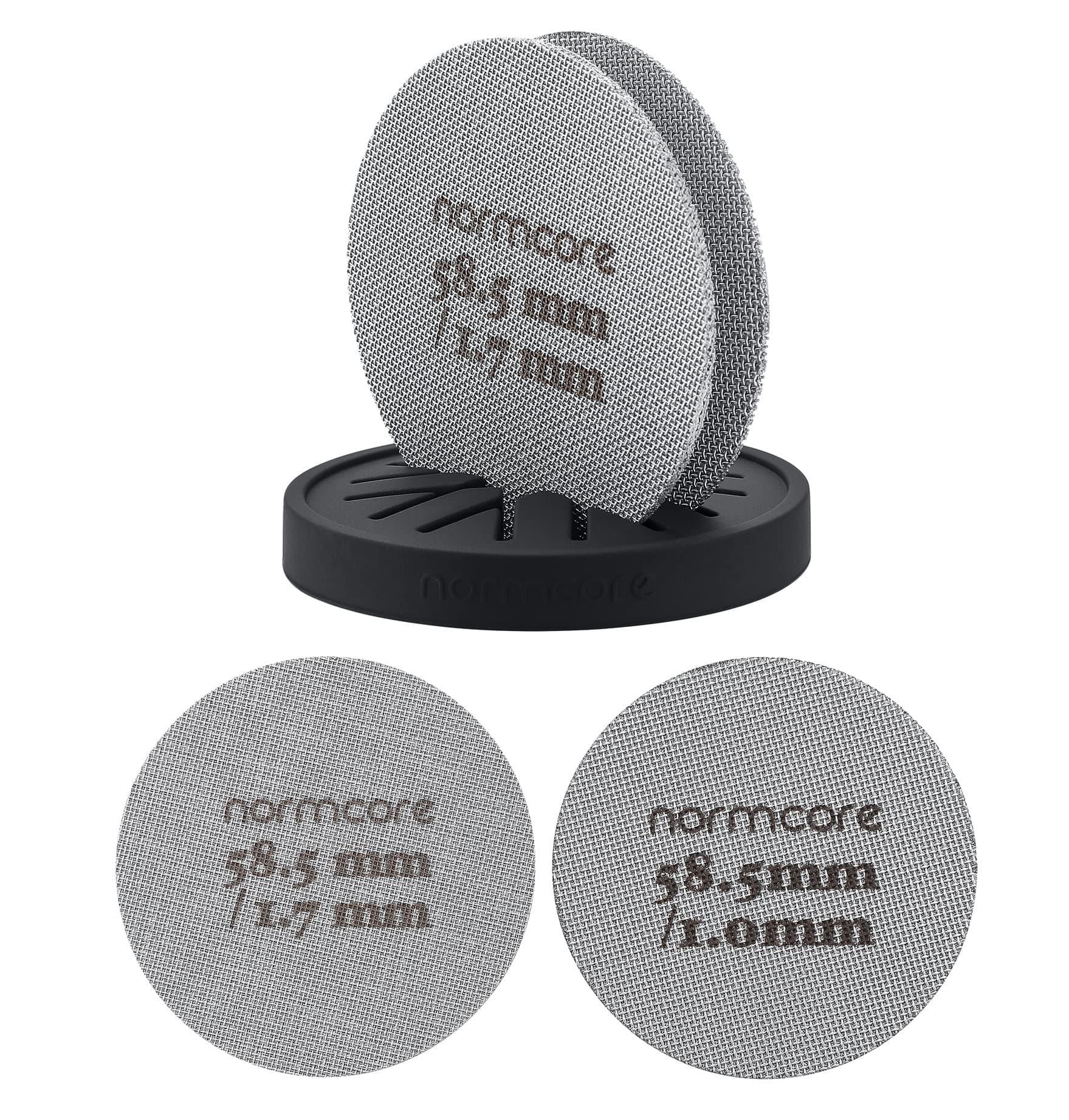 Normcore 2 Packs 58.5mm Puck Screen with Stand - Reusable Contact Shower Screen with Silicone Holder - 1.7mm / 1.0mm Thickness 150μm Mesh - Compatible with Espresso Machine 58mm Portafilter Basket