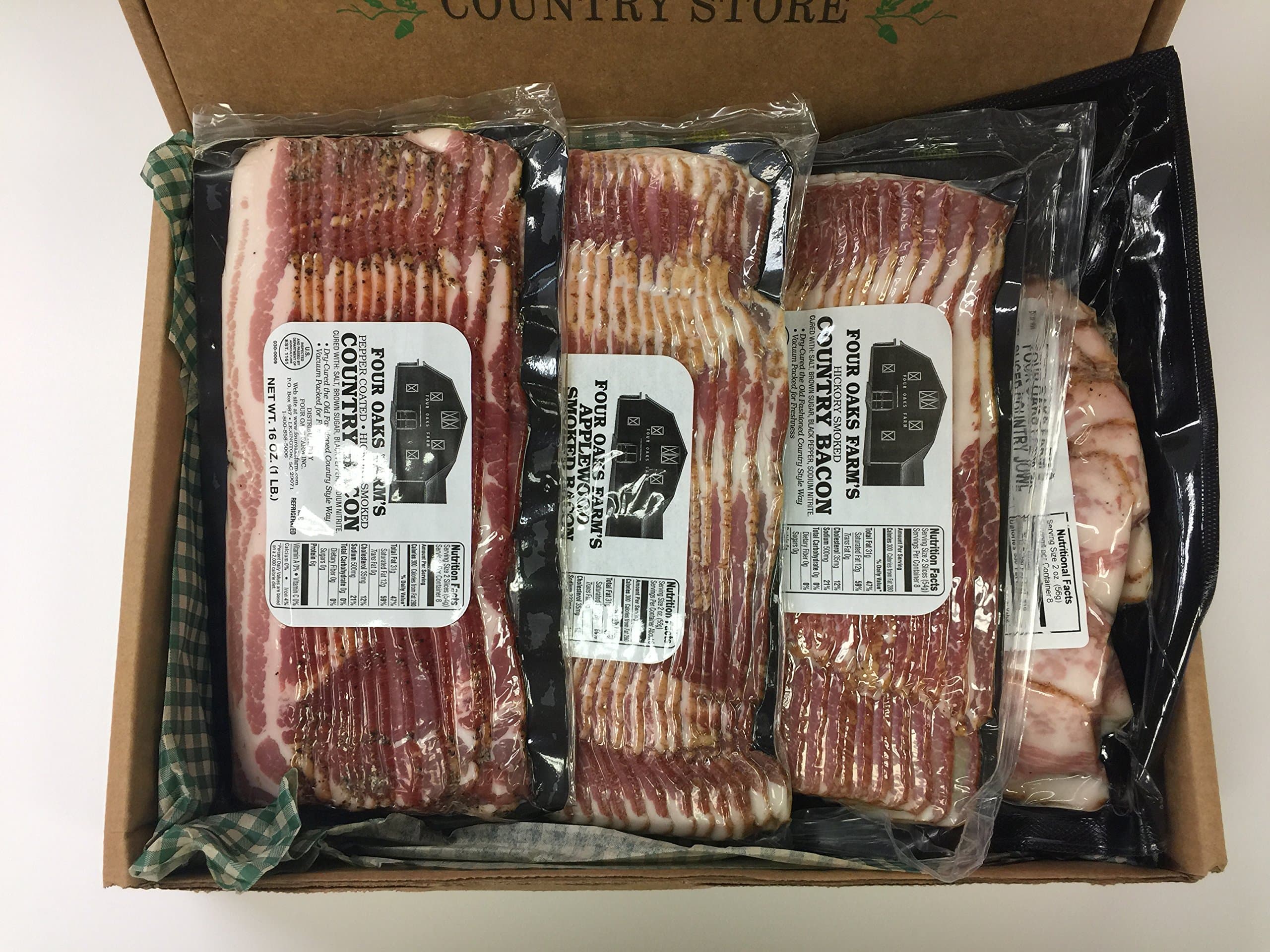 Four Oaks Farm Bacon Sampler - 4 Pack -Hickory Smoked Pepper Coated - Hickory Smoked - Applewood Smoked - Hickory Smoked Jowl - Reusable Cooler - Best Bacon you'll ever eat! Free Priority Shipping