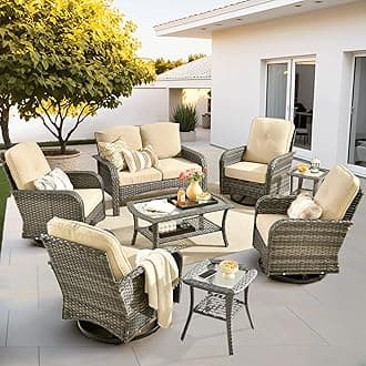ovios 8 Pieces Patio Furniture Set, Outdoor Wicker Sofa with Swivel Chairs, Coffee Table, All Weather High Back Rattan Loveseat Couch with Comfy Cushions, Beige