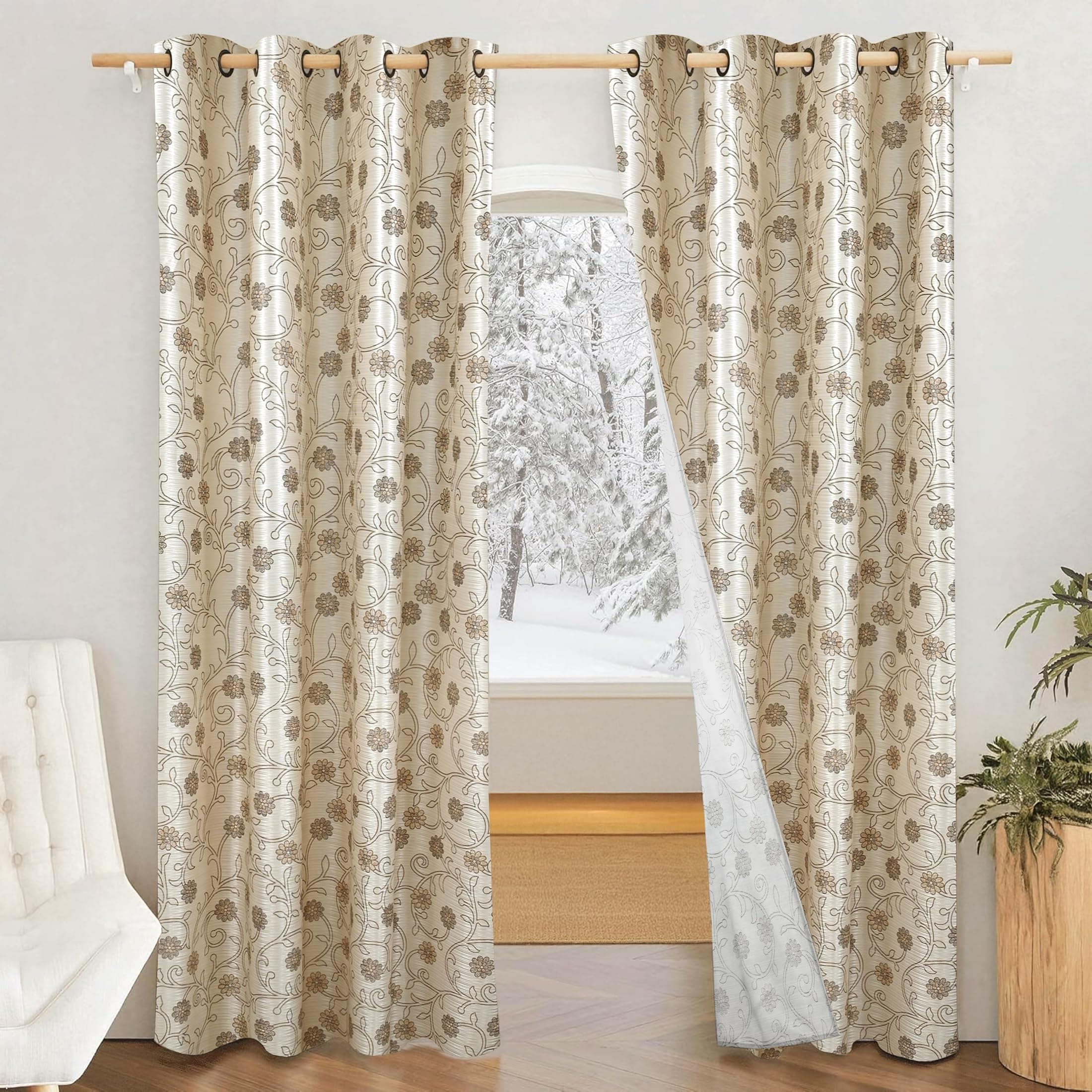 Amazon Brand - Solimo Polyester 75% Blackout Floral Leaf Print Desigh Window Curtains|75% Room Darkening|5 Feet |Set of 2| for Living Room Kids Room and Bedroom | Color- Brown| Light-Filtering
