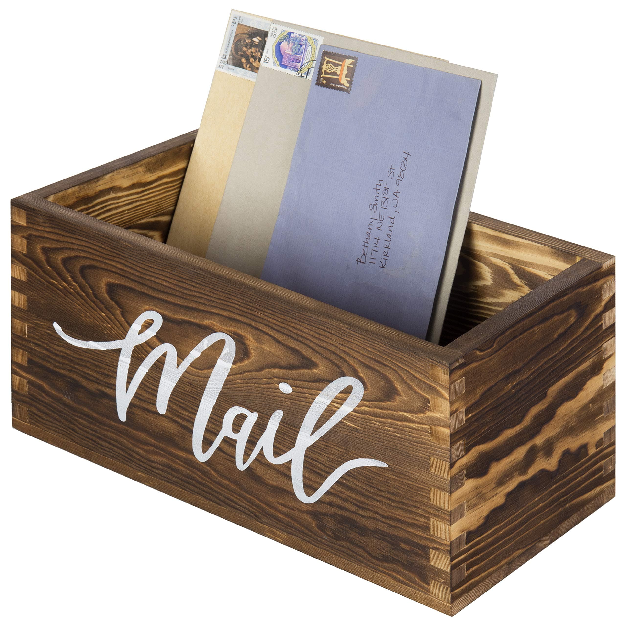 MyGift Mail Holder Storage Organizer Box Rustic Brown Wood with MAIL Script Design, Desktop Letters, Bills, Notes and Postcard Bin for Home Office Dorm Room