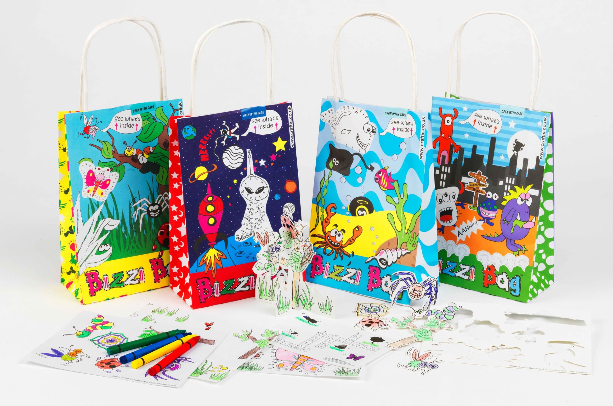 Bizzi Bag, Children's Activity Bag BB002 (Space, Monsters, Bugs, Ocean), Case of 200, 50 of Each Design