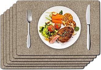 DOLOPL Placemats Set of 6, Brown Faux Leather Heat Resistant Place Mats for Dining Table, Waterproof Oilproof Wipeable Washable Table Mats, Easy to Clean Anti-Slip Tablemats for Kitchen, Party