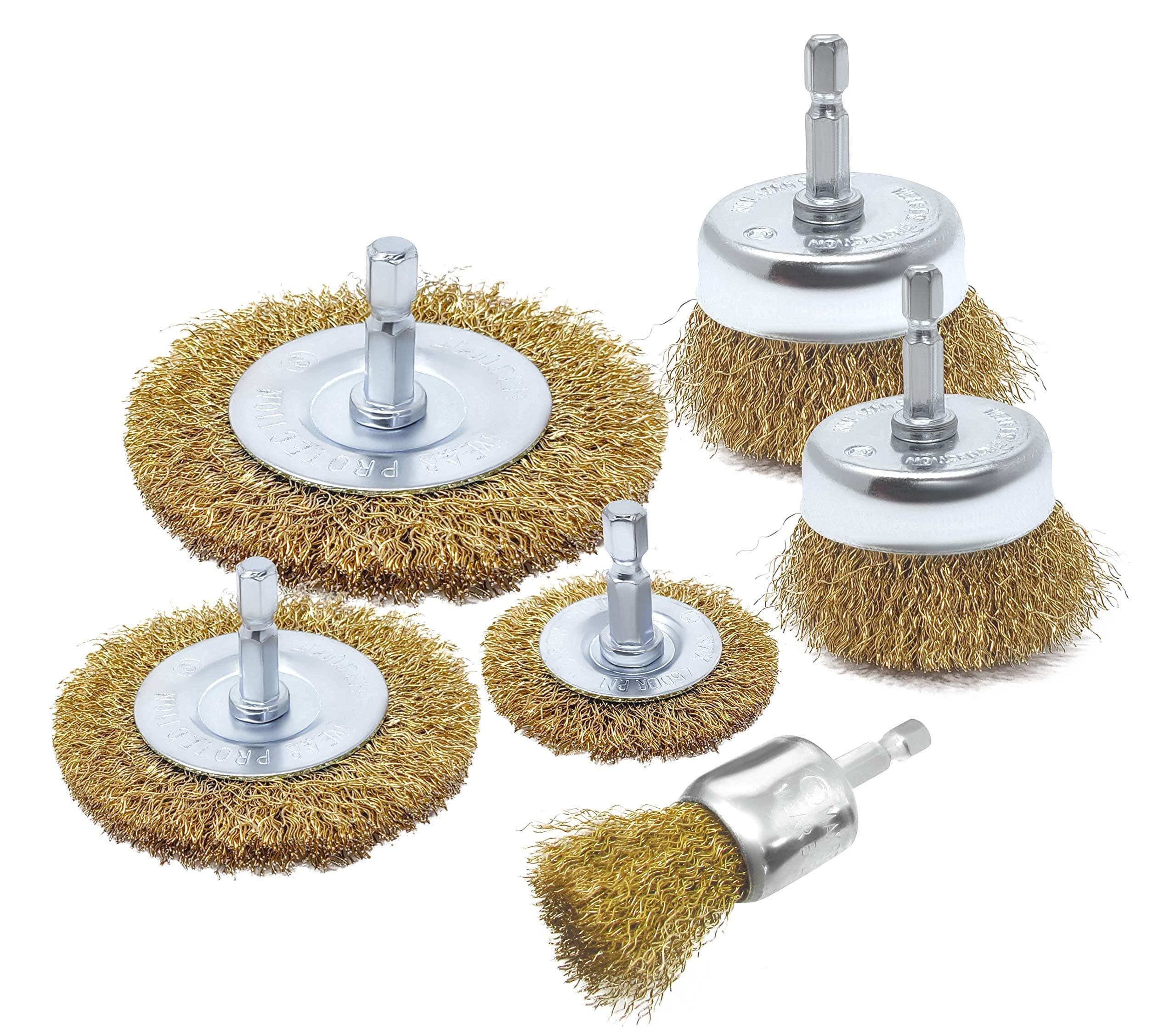 LINE10 Tools 6pk Wire Brush Drill Attachment Set Brass Coated for Cleaning Rust Hex Shank Fits Impact Driver