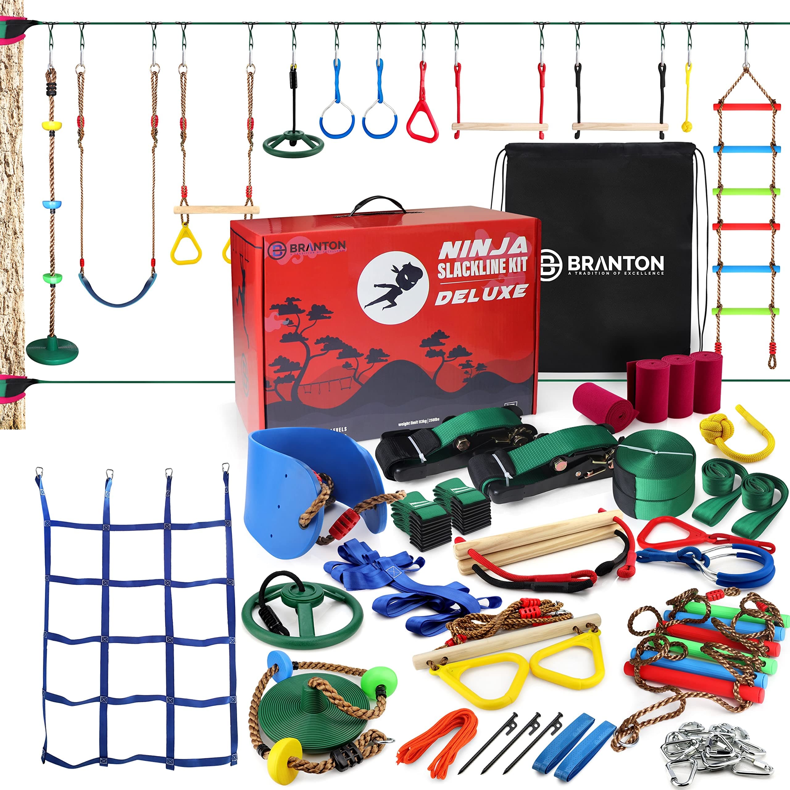 Ninja Obstacle Course for Kids - 2 X 65FT Ninja Kit with Many Accessories for Kids (Inc Trapeze Swing and Ninja Wheel)