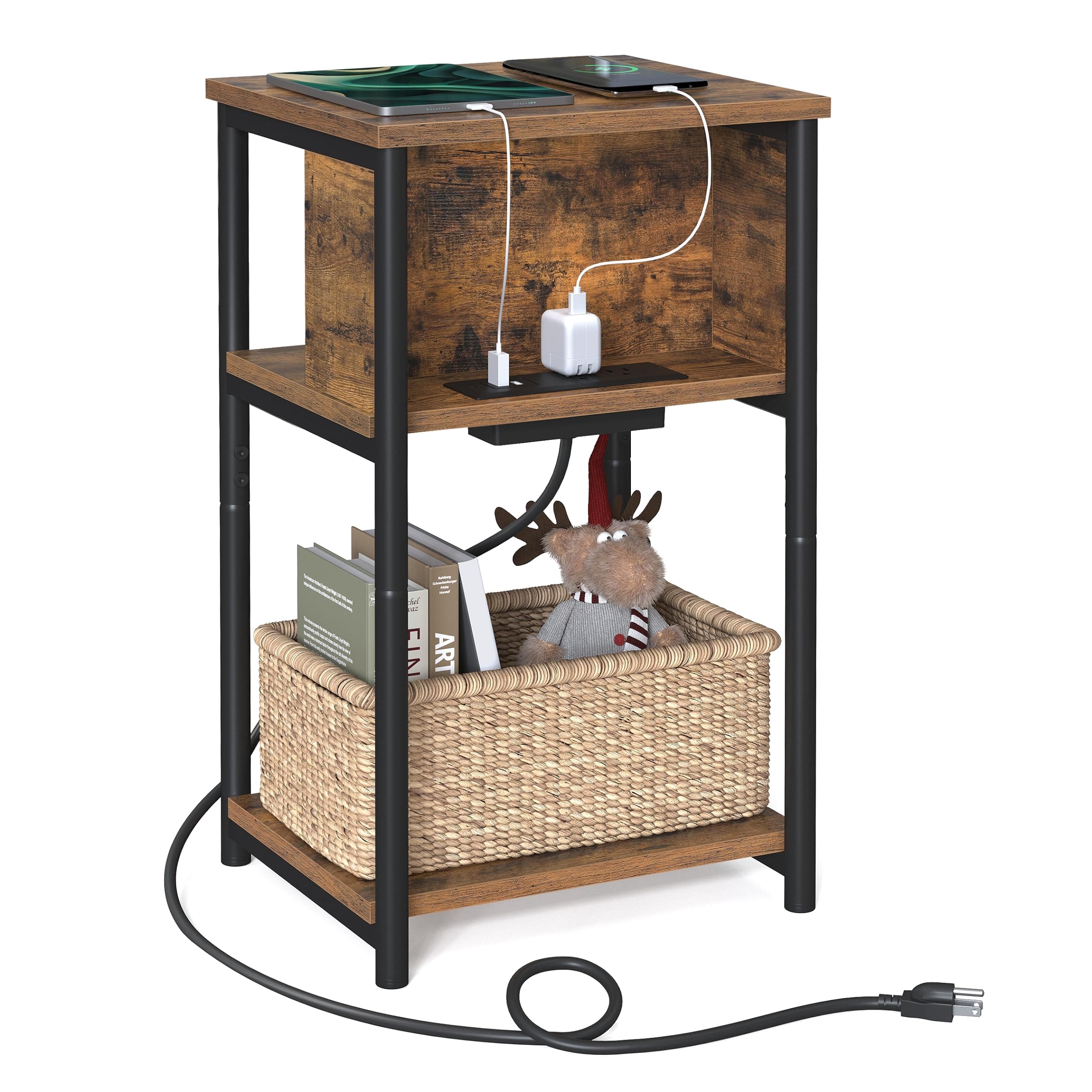 Side Table with Charging Station, 3-Tier End Table with USB Ports and Outlets, Nightstand for Living Room, Bedroom, 11.8 x 13.4 x 22.8 Inches, Plug-in Series, Rustic Brown and Black