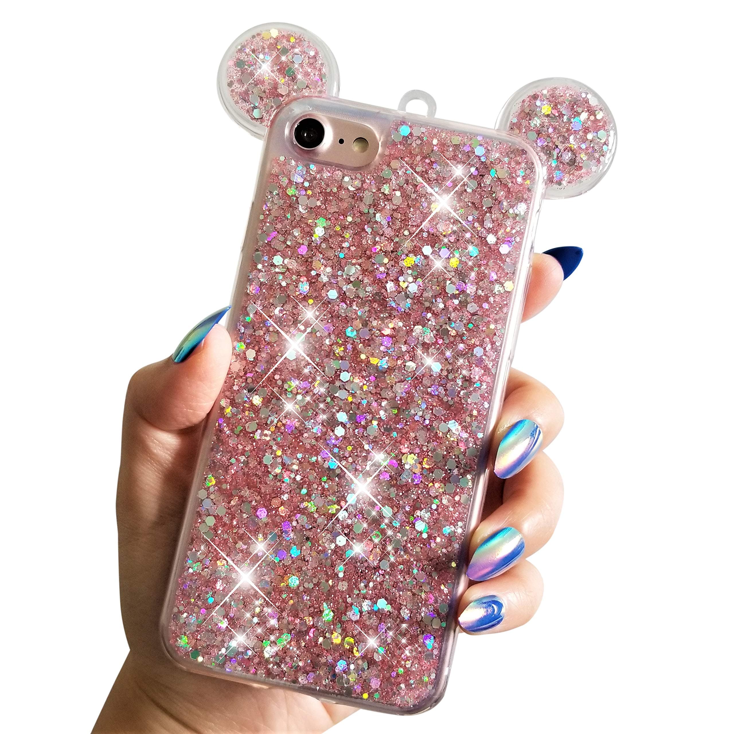 NAMA for iPhone 7/8 4.7" iPhone SE (2020) 2nd Gen Soft TPU Holographic Dots Minnie Mickey Ears Shiny Glitter Disney Back Cover Case (Pink)
