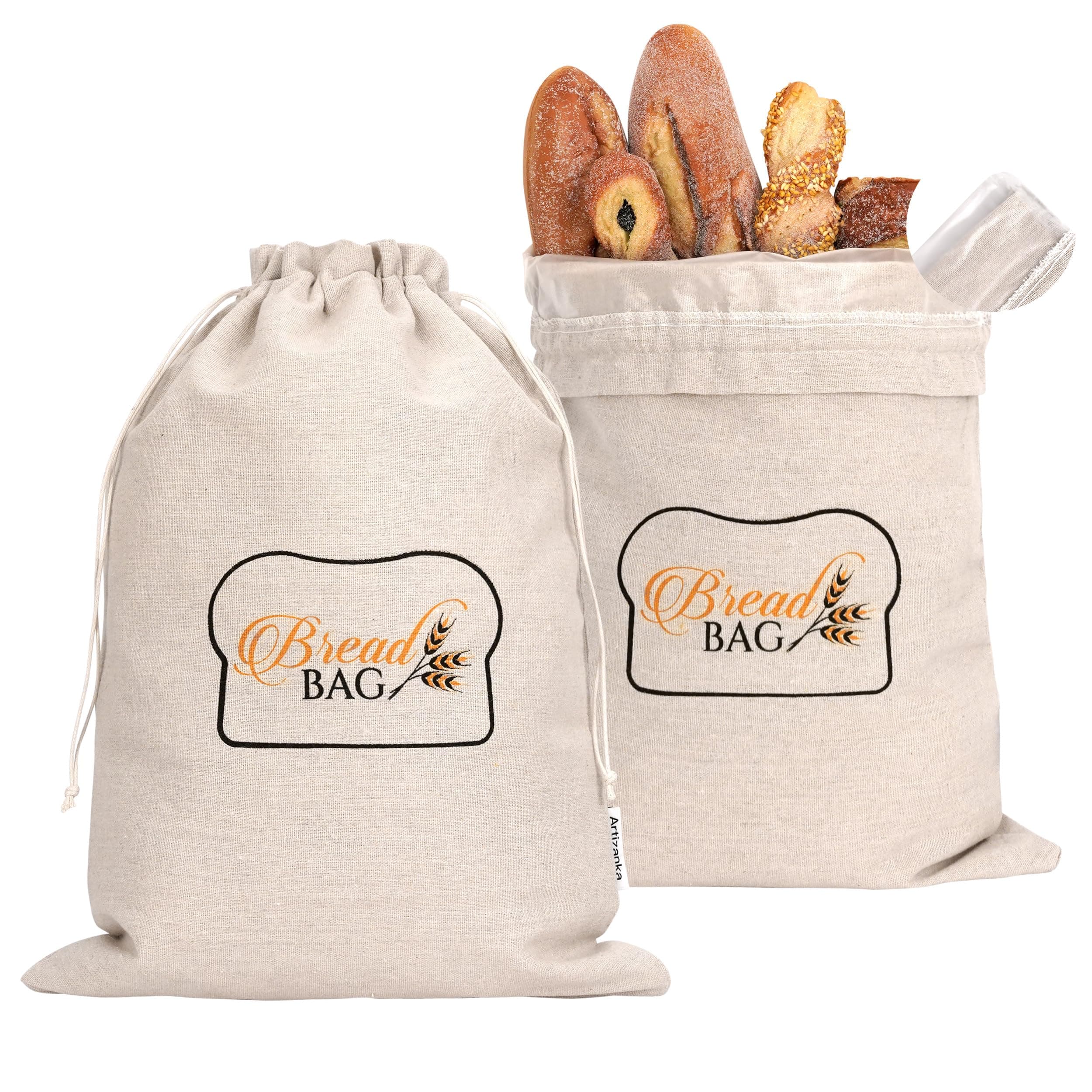 2 Linen Reusable Bread Bags for Homemade & Sourdough Breads with Plastic Liner and Drawstring, Reusable Food Storage 17" x 13" XL