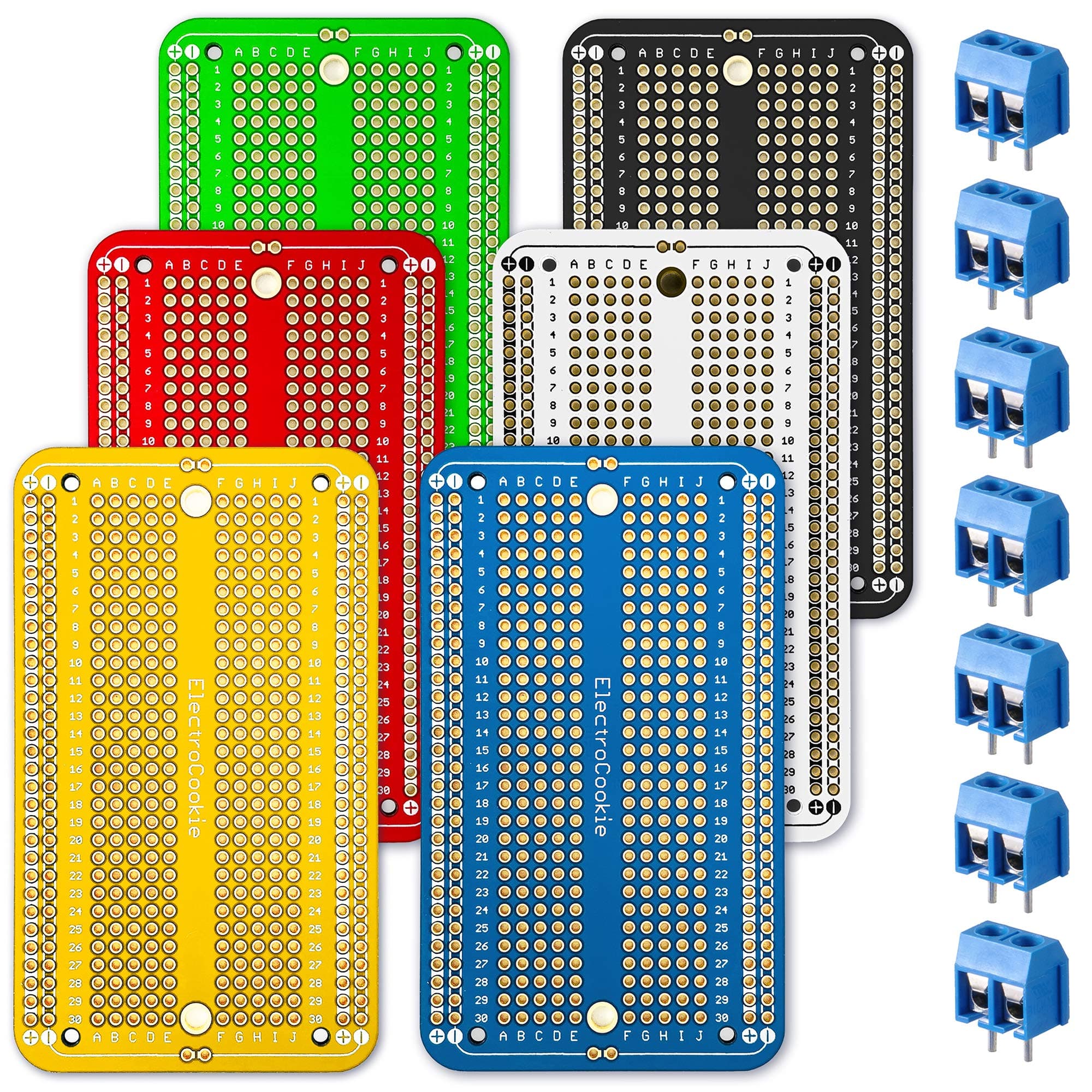 ElectroCookie Prototype Board Breadboard Style PCB Solder Board for DIY Electronic Projects, Compatible for Arduino Projects, Gold-Plated (6 Color Pack + 7 Screw Terminal Block Connectors)