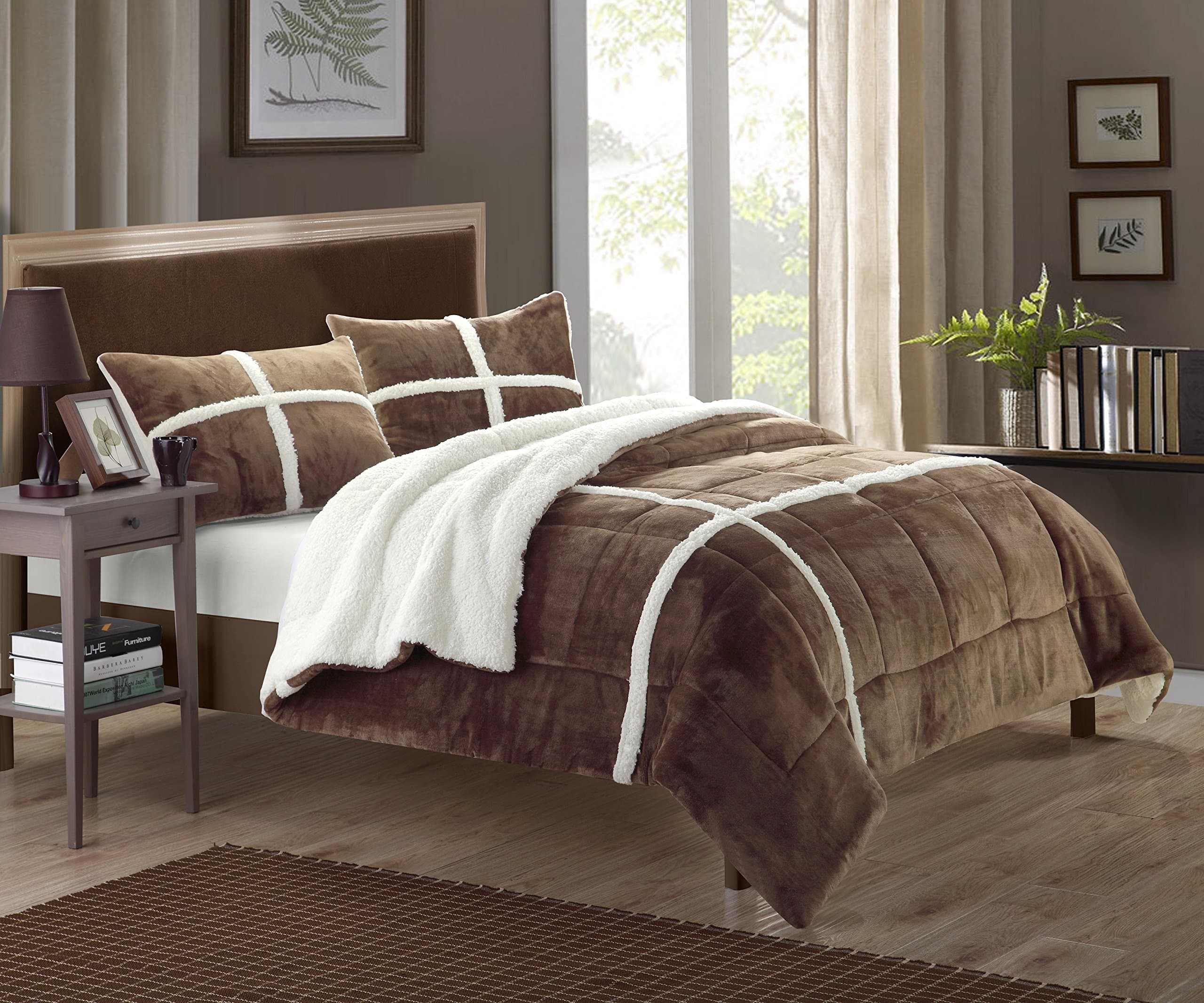 Chic Home 3-Piece Chloe Sherpa Lined Plush Microsuede Comforter Set, Queen, Brown