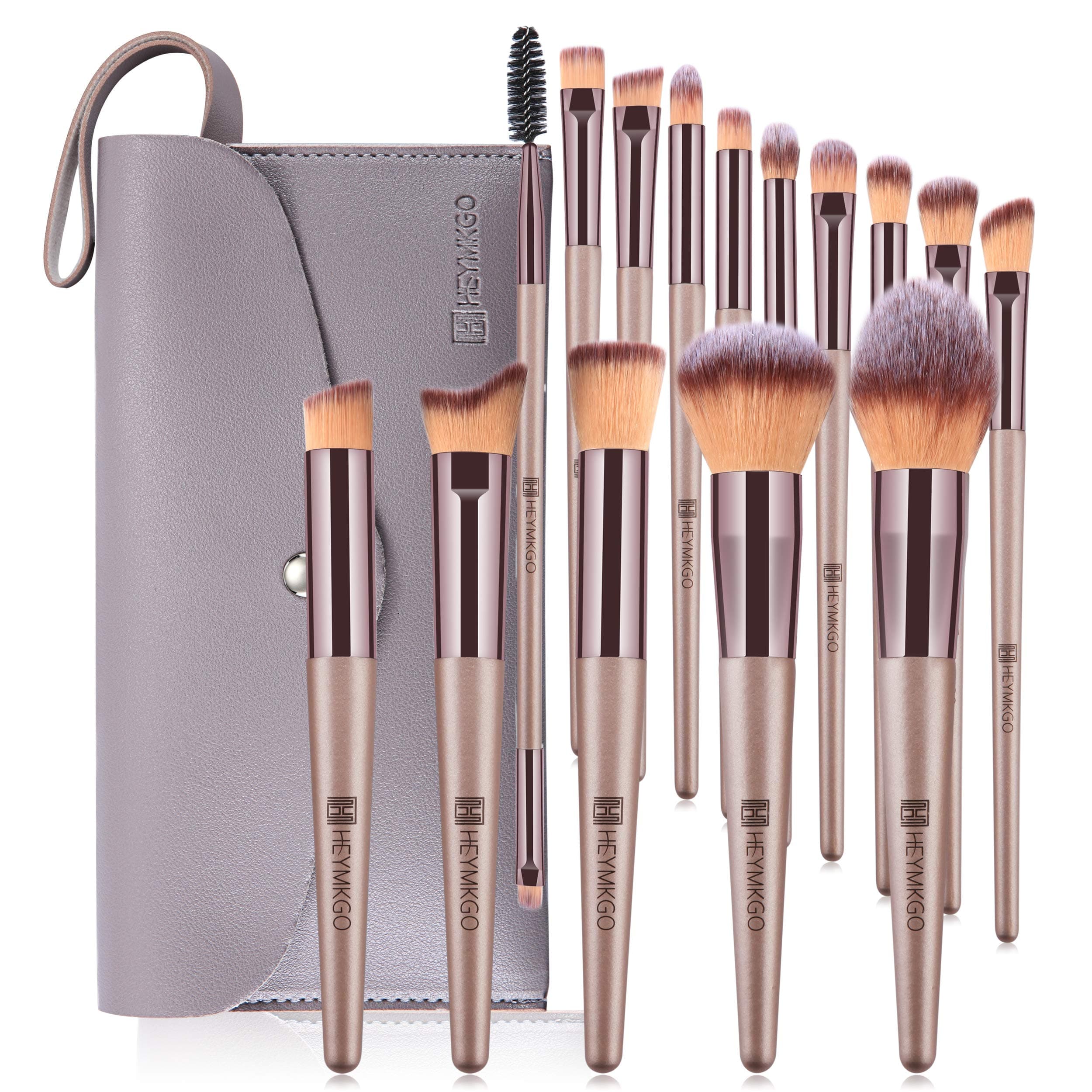 HEYMKGO Makeup Brush Set, Professional Make Up Brush Set, 15 Pieces with Bag, Champagne Gold Make-Up Brush Kit, Eyeshadow Make-Up Brushes, Kabuki Cosmetic Brushes, Make-Up Gift Sets