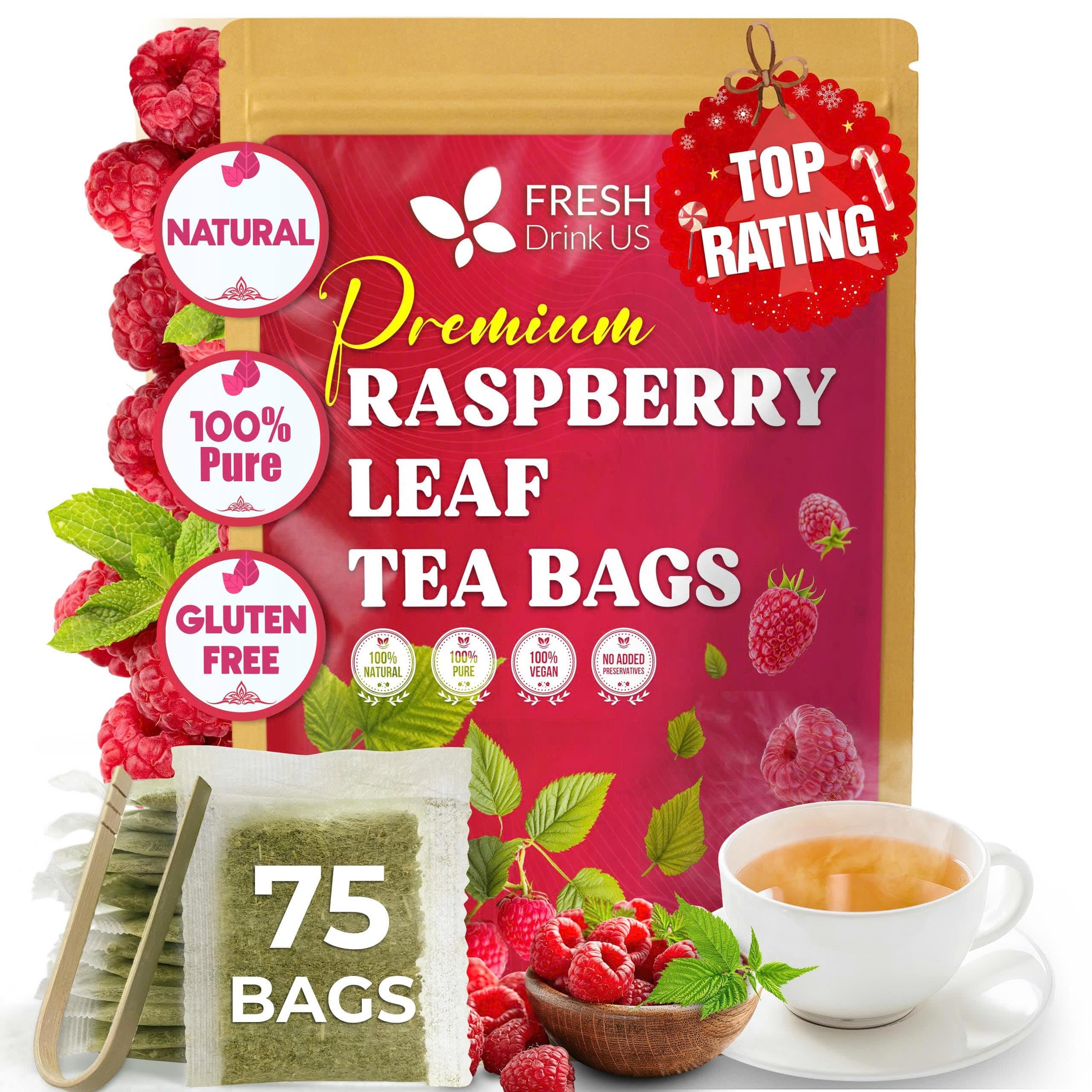 FreshDrinkUS, 75 Bags Premium Raspberry Leaf Teawith Chamomile Flavor, Eases Menstrual Cramps & Supports Healthy Pregnancy, Naturally, Caffeine-Free, Sugar Free, Vegan