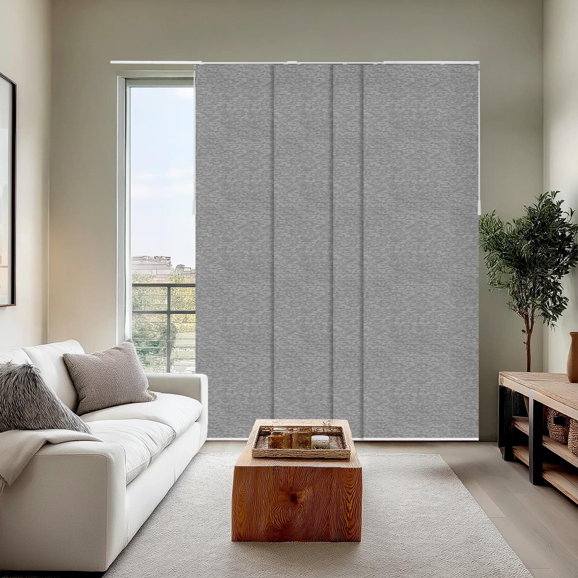 CHICOLOGY Panel Track Blinds for Sliding Glass Doors, 4 Panel Sliding Panels, Adjustable Track 46-86" W, Trimmable Height Up to 96" H, Light Filtering Privacy Room Divider, Chalk Grey