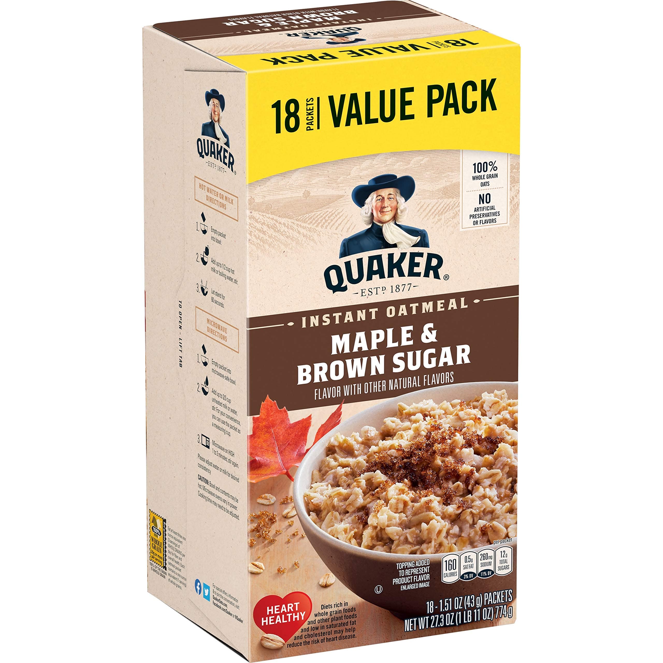 Instant Oatmeal, Maple and Brown Sugar, 18 Count