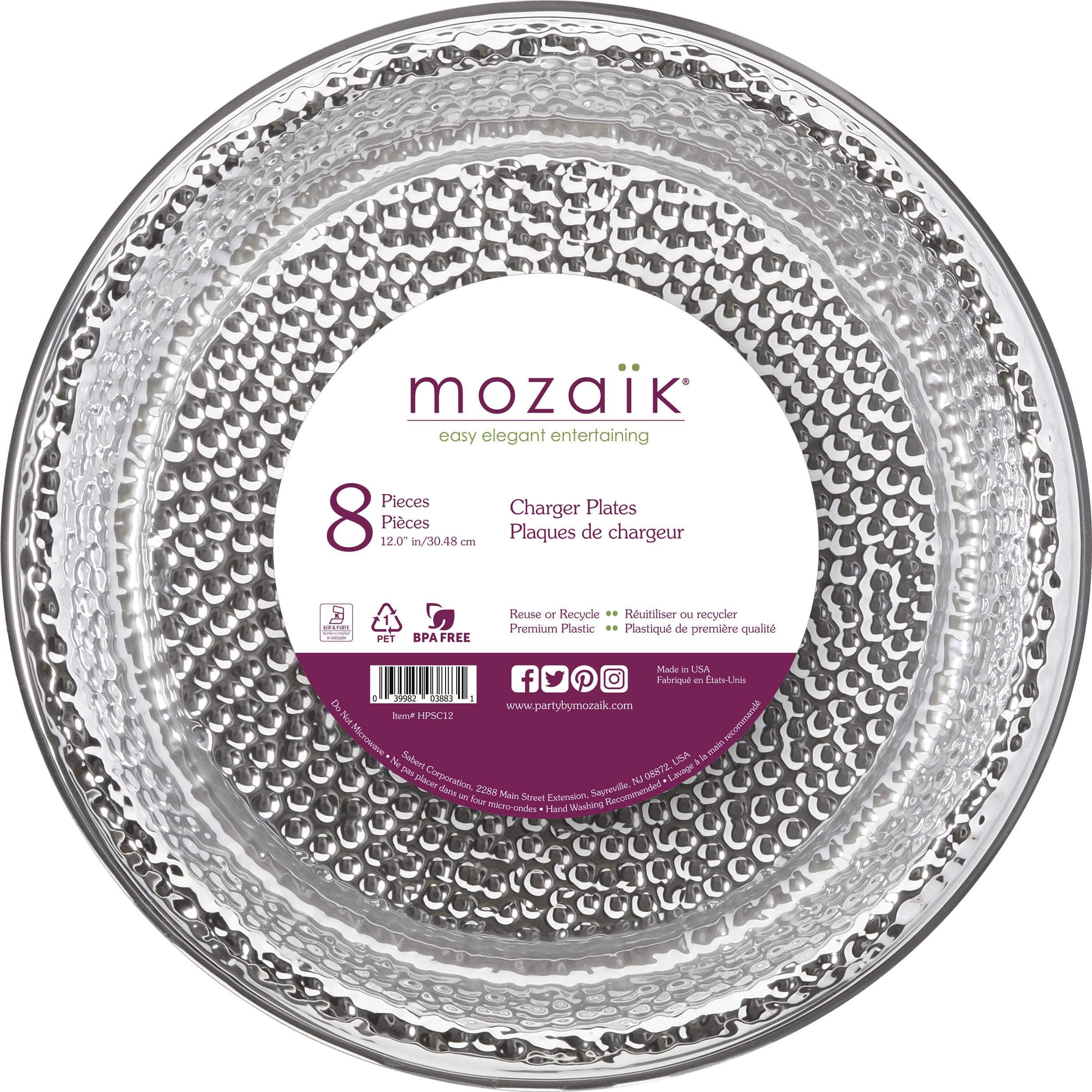 Hammered Silver Premium Plastic 12” Chargers/Serving Platters, 8 count