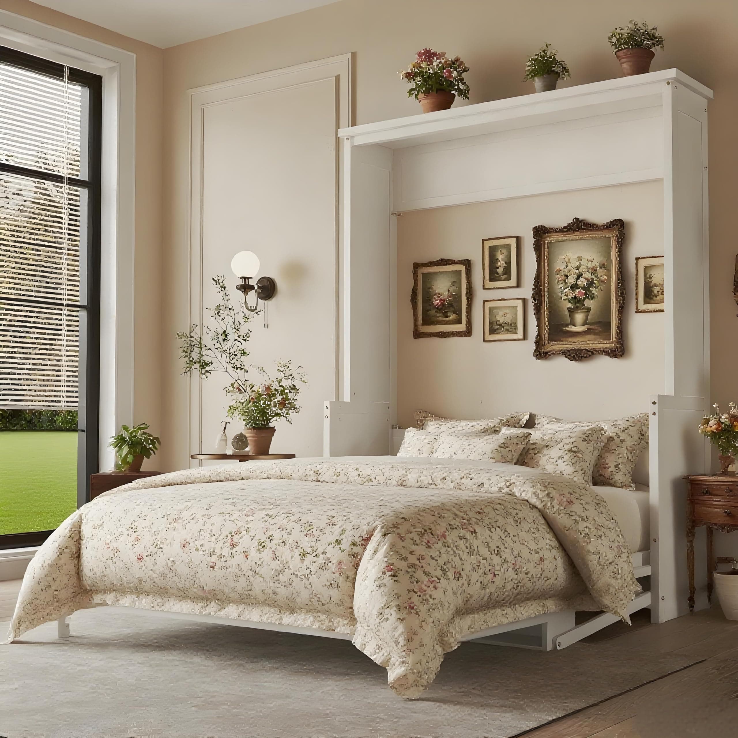 Multi-Functional Murphy Cabinet Bed,Queen Size Foldable Platform Bed with Storage Decorate Desk,Queen Combined Murphy Bed Chest for Small Space Design,Bedroom,Studio, White