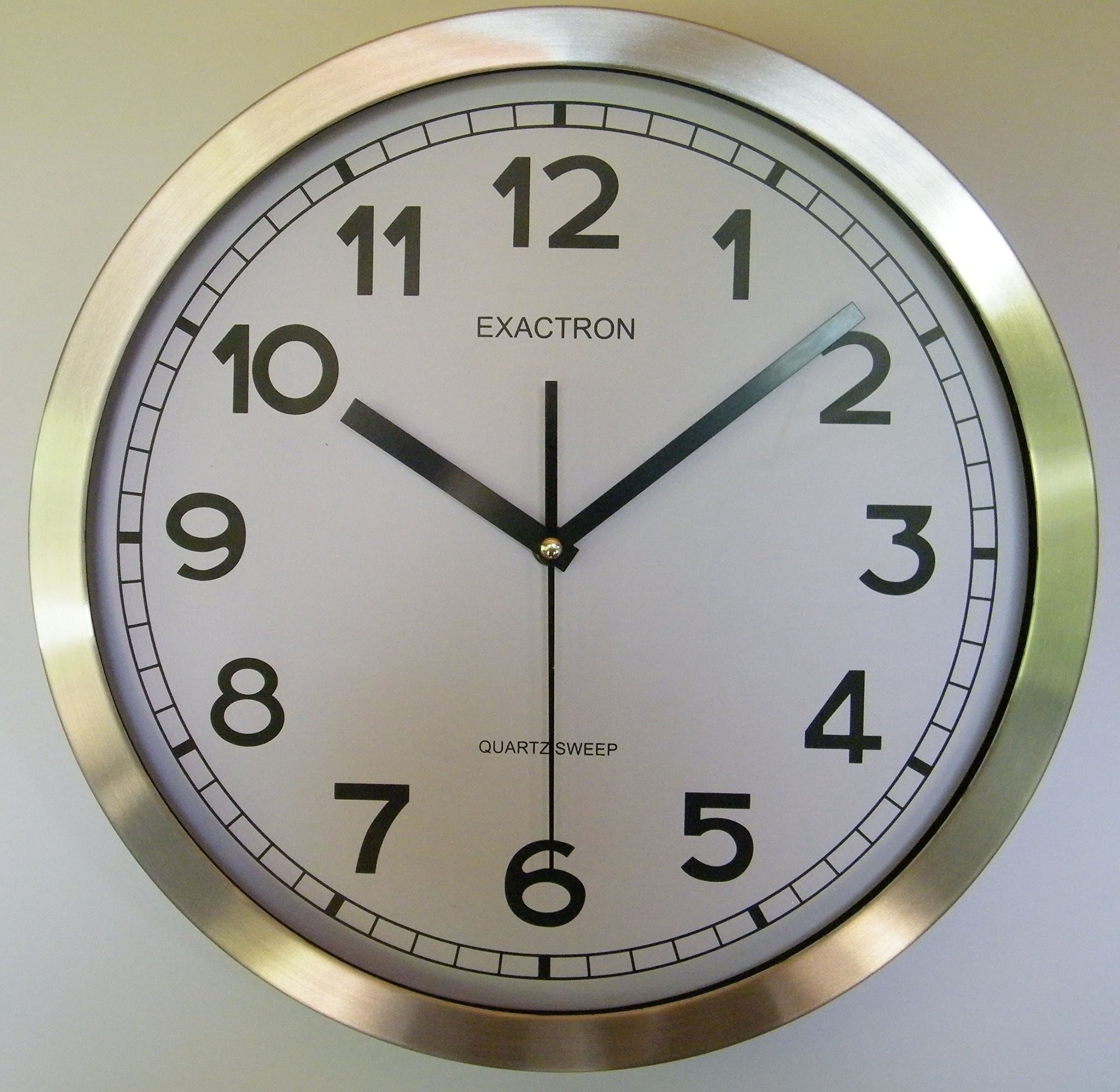 EXACTRON Quartz Silent Sweep Wall Clock Metal Case Brushed Silver 14" QS-45-AL-14