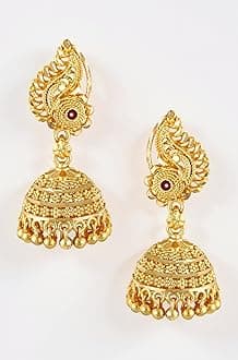Gold Traditional Temple Jewellery 18k One Gram Gold Ethnic Brass Stylish South Indian Ghungroo Screw Back Studs Meenakari Peacock Ruby Jhumki Earrings Set for Women -JHUMKI-M143