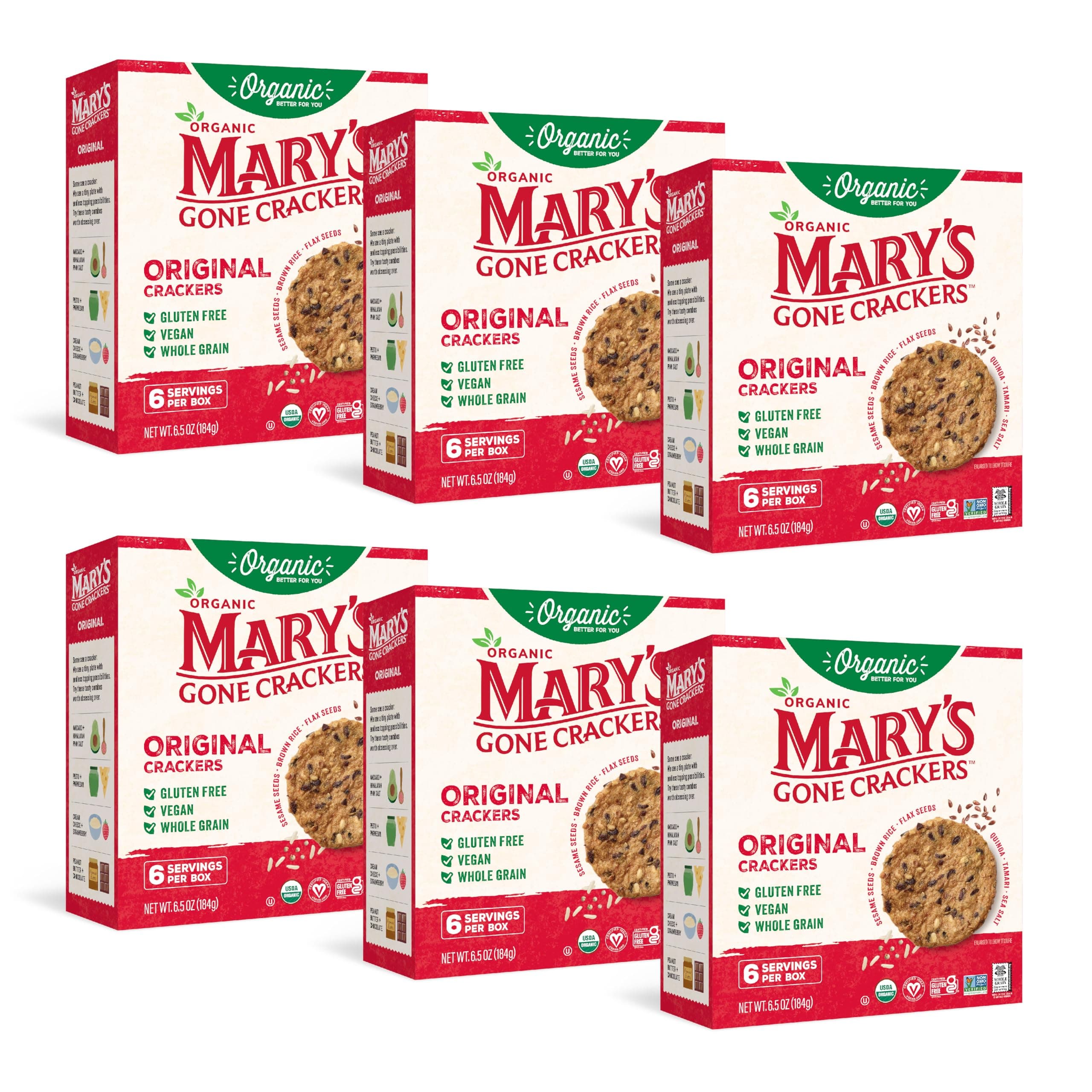 Mary's Gone Crackers Organic Original Crackers - Gluten-Free, NON-GMO, Vegan & Whole Grain, 6.5 Ounce (Pack of 6 )