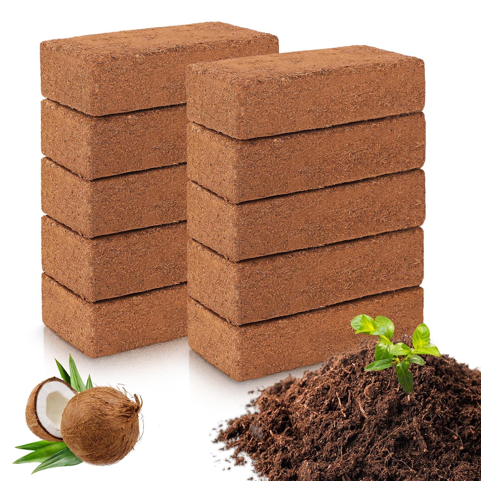 10 Pack Coco Coir Bricks for Plants - 100% Natural Organic Coconut Coir Fiber with Low EC & PH Balance, Premium Compressed Coco Coir Growing Soil for Planting, Gardening, Potting Soil Substrate, Herbs