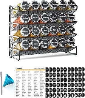 SpaceAid Spice Rack Organizer with 24 Spice Jars, 386 Spice Labels, Chalk Marker and Funnel Set for Cabinet, Countertop, Pantry, Cupboard or Door & Wall Mount -24 Jars, 11.8" W × 10.8" H, Black